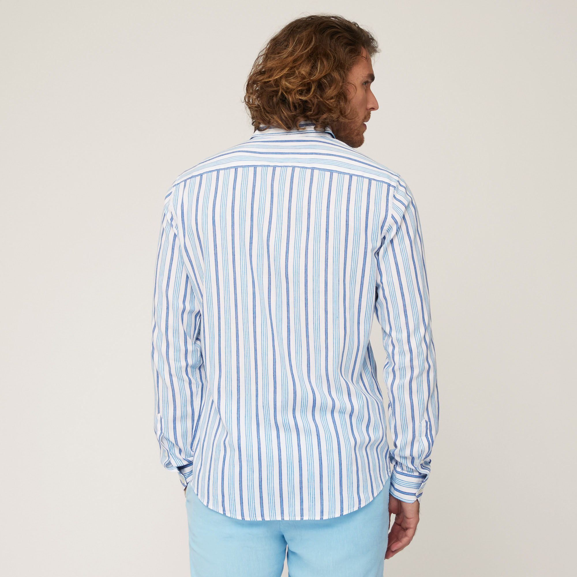 Cotton and Linen Twill Shirt with Mix of Stripes