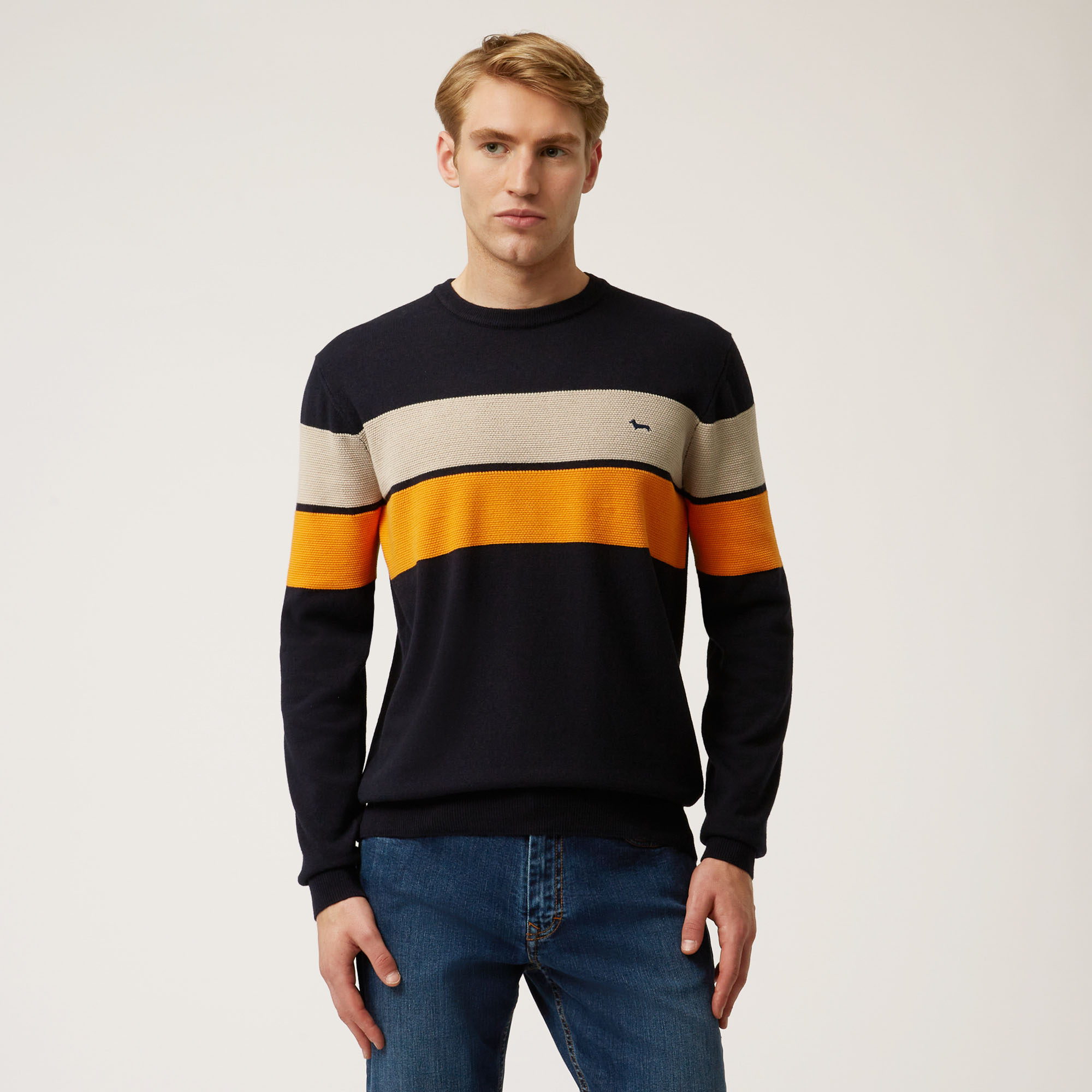 Crew-Neck Pullover With Color-Block Bands, Blue, large image number 0