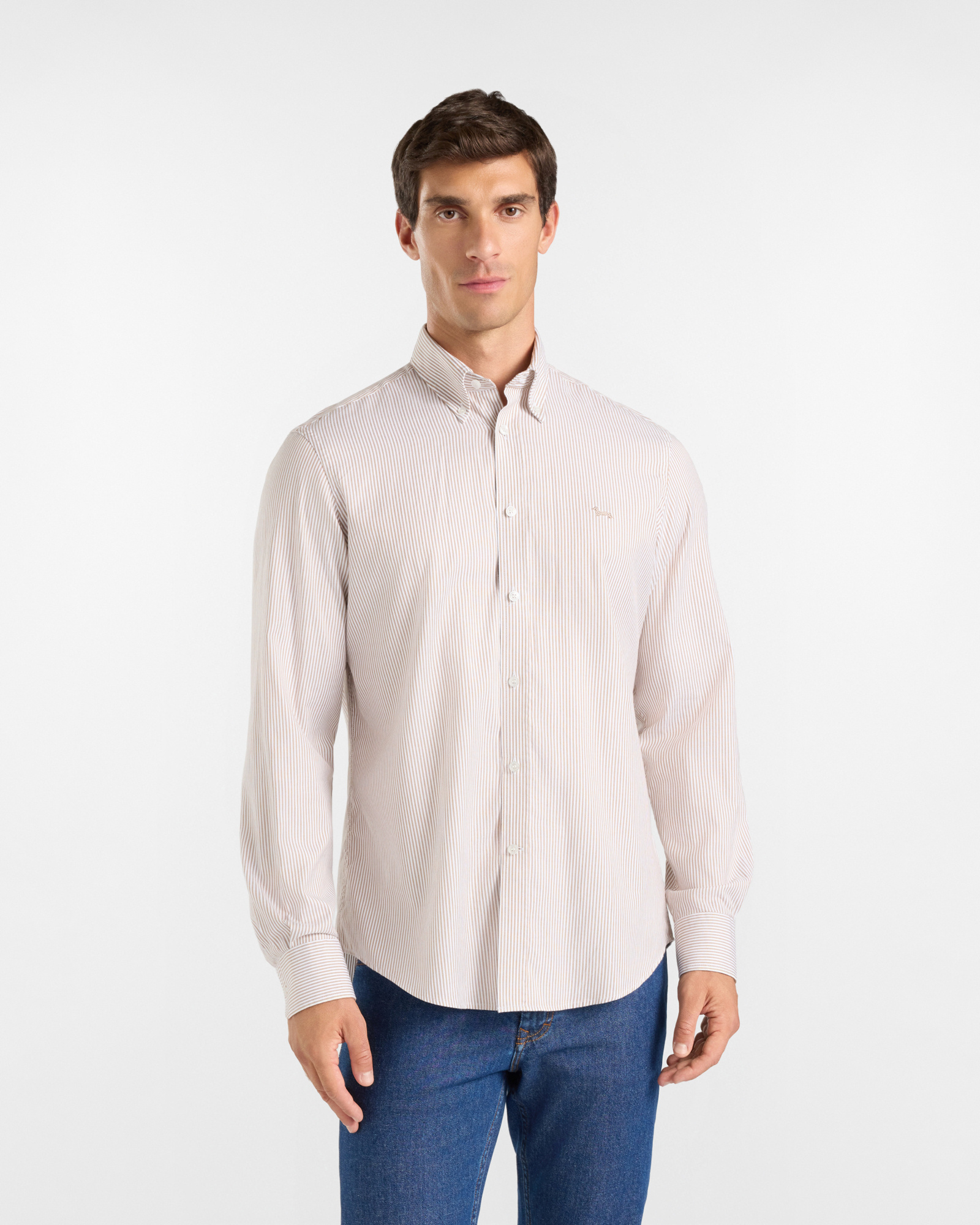 Men's regular-fit brown yarn-dyed Oxford shirt with stripe