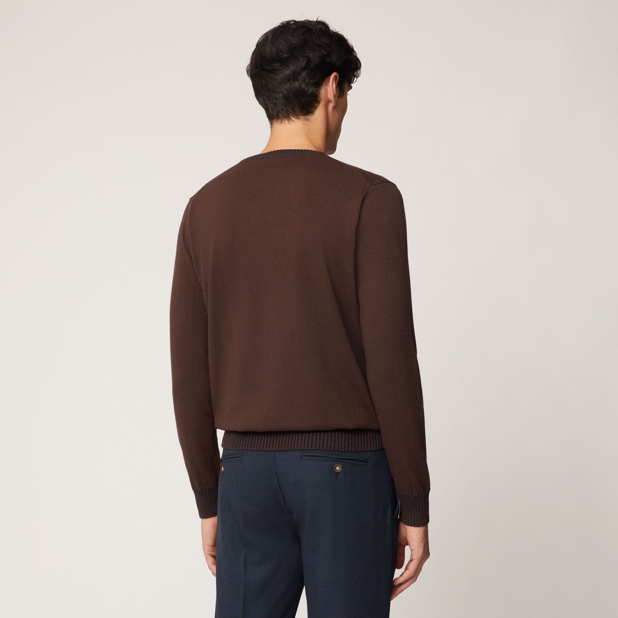 Pullover Girocollo In Cotone E Lana Con Dettagli A Costine, Marrone Scuro, large image number 1