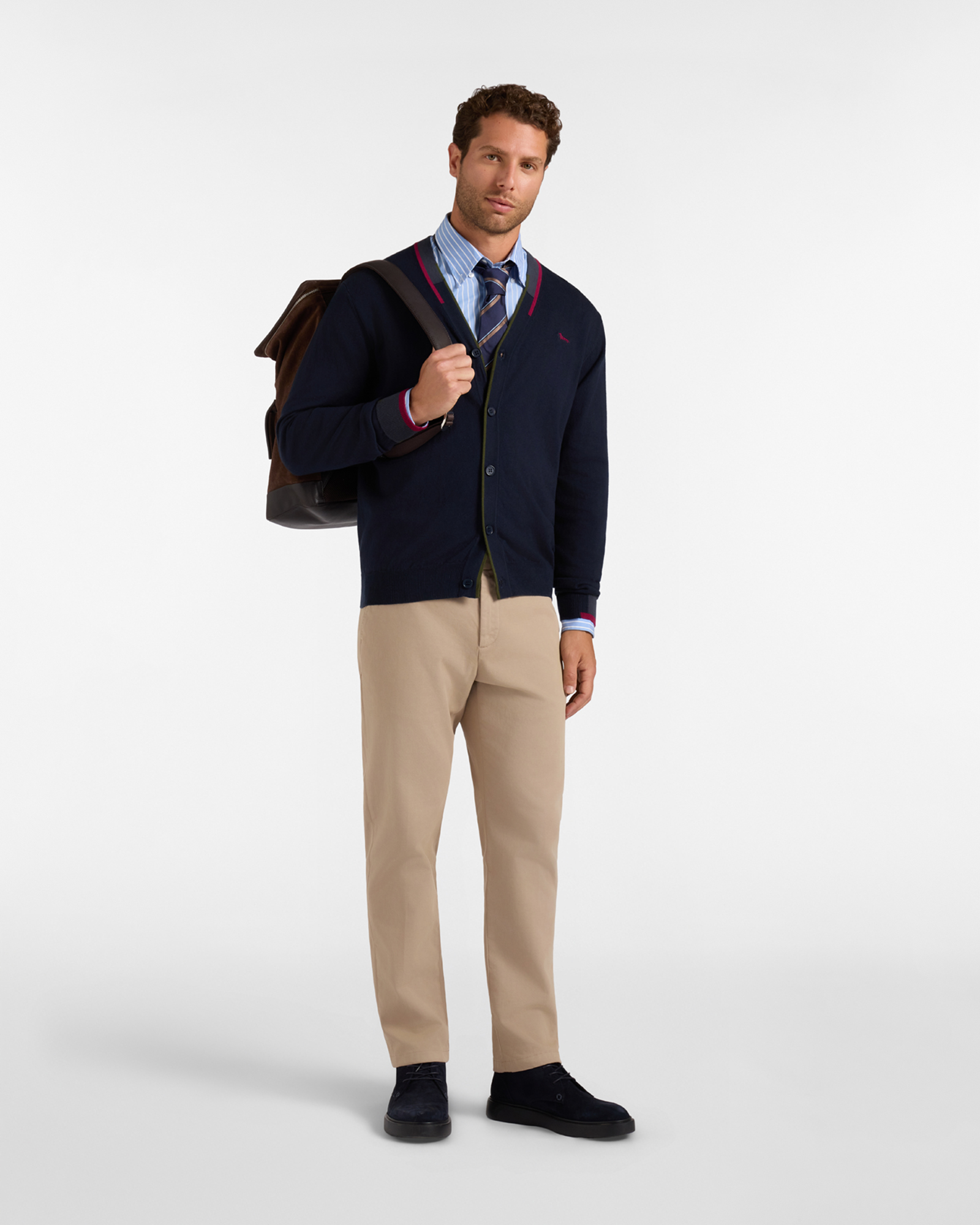 C&aacute;rdigan Hombre con cuello de pico c&aacute;rdigan en mezcla de lana y algod&oacute;n Regular Fit, AZUL MARINO, large