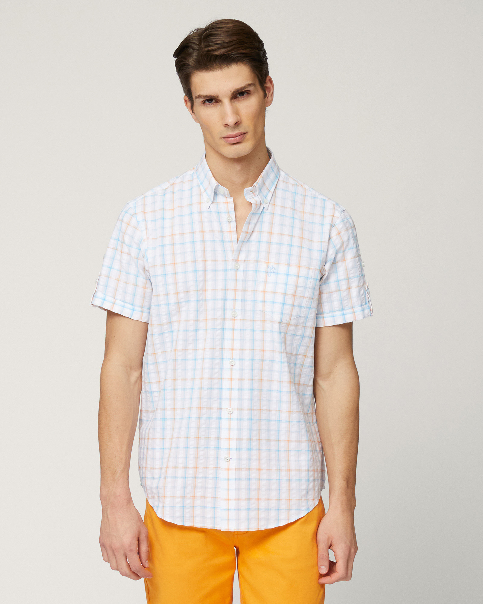Short-Sleeved Check Shirt, Orange, large image number 0
