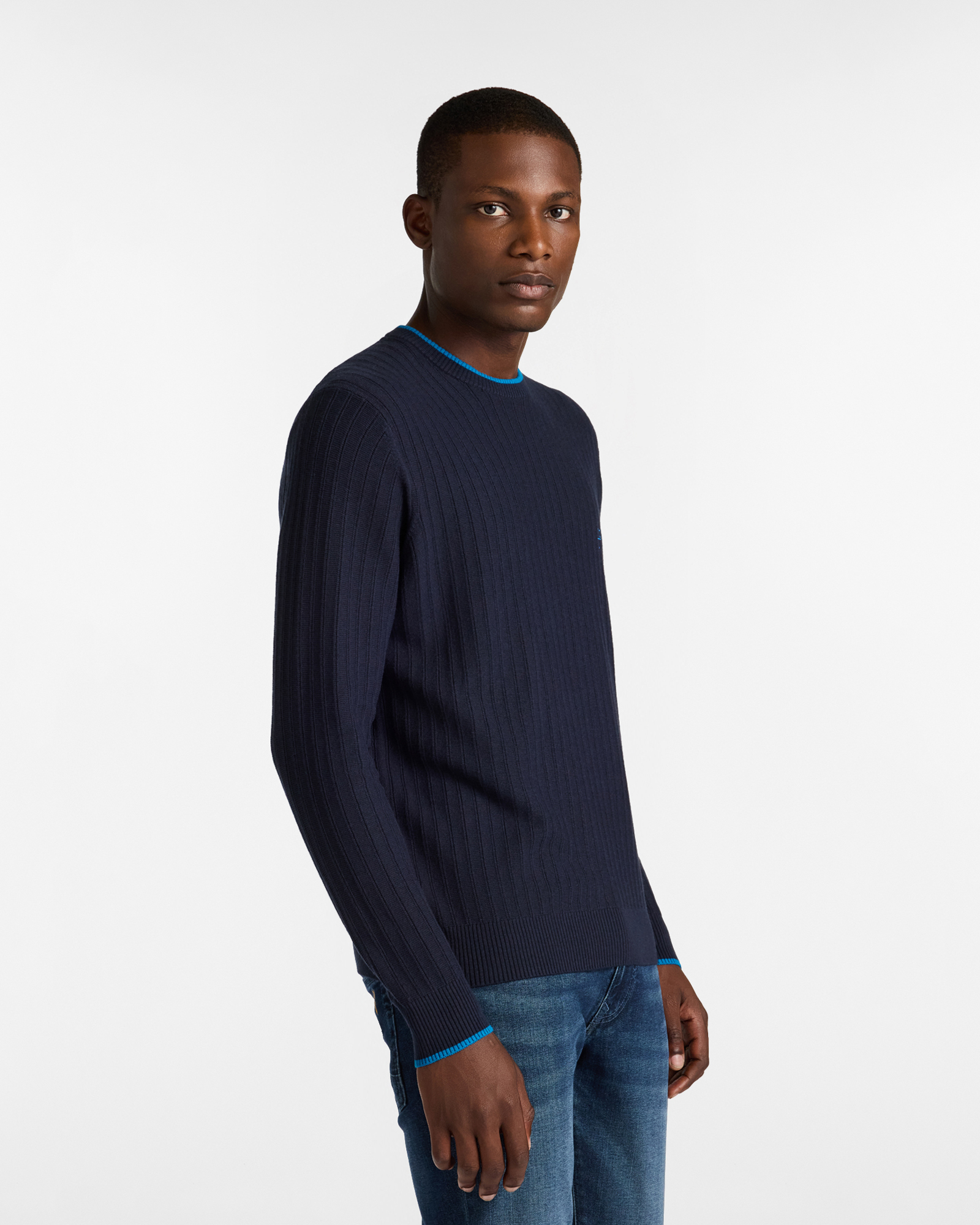 Crew Neck Sweater with Contrast Details, Dark Blue, large