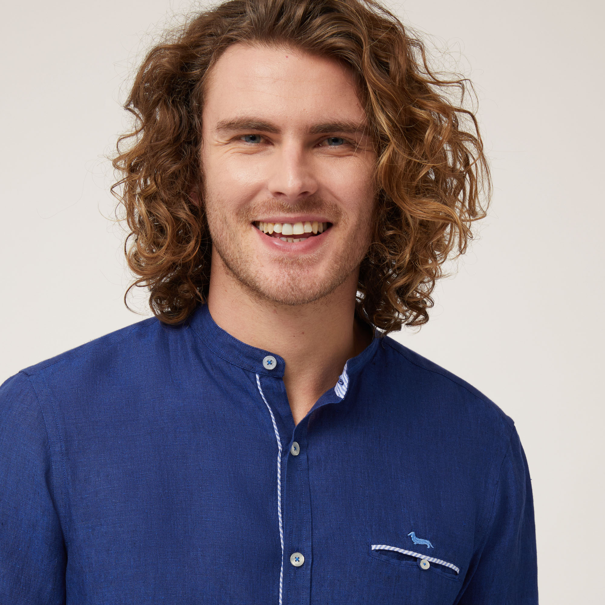 Linen Shirt with Mandarin Collar and Breast Pocket, Blue, large image number 2