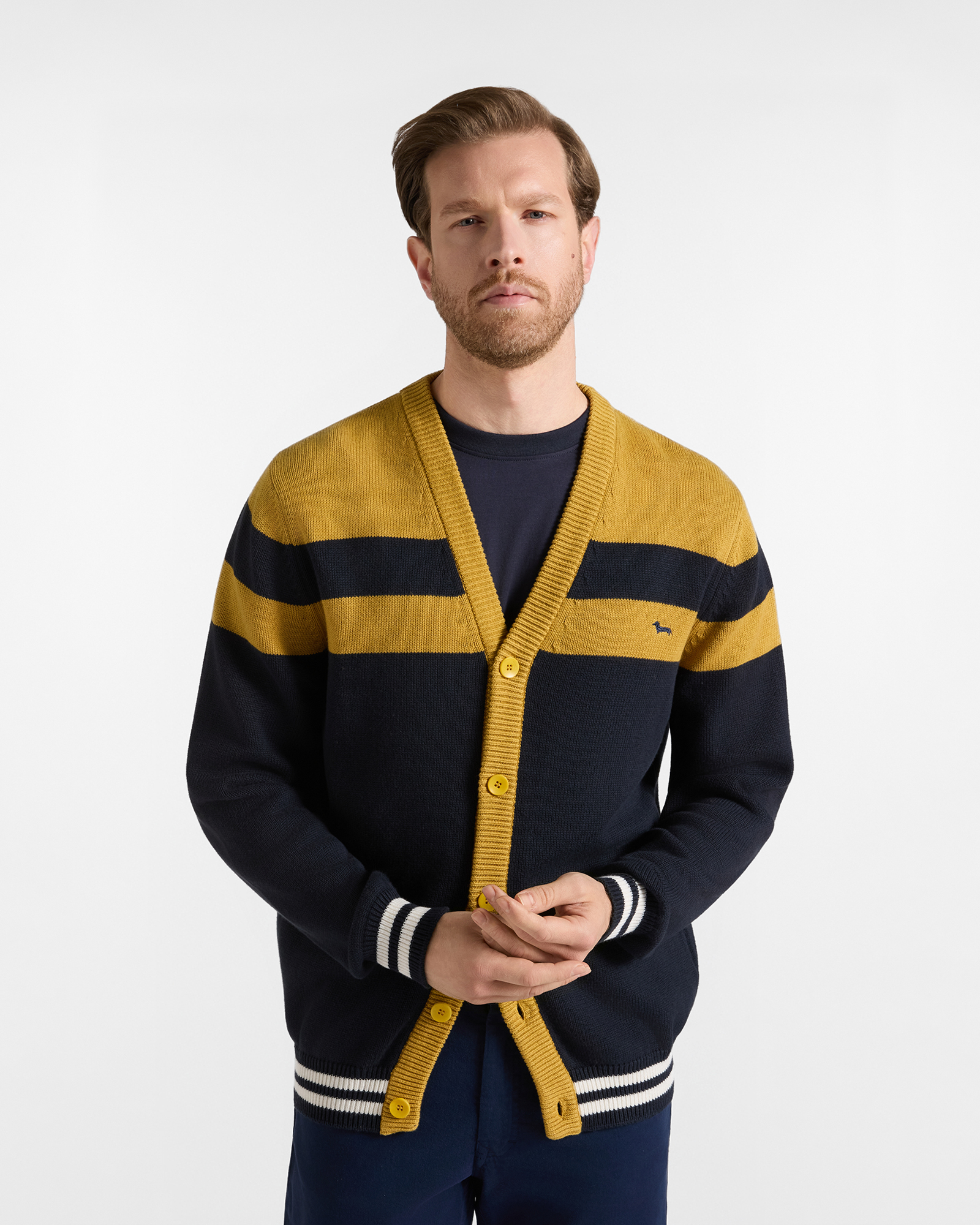 Men's Made in Italy V-neck cardigan in a yellow wool and cotton blend with regular fit