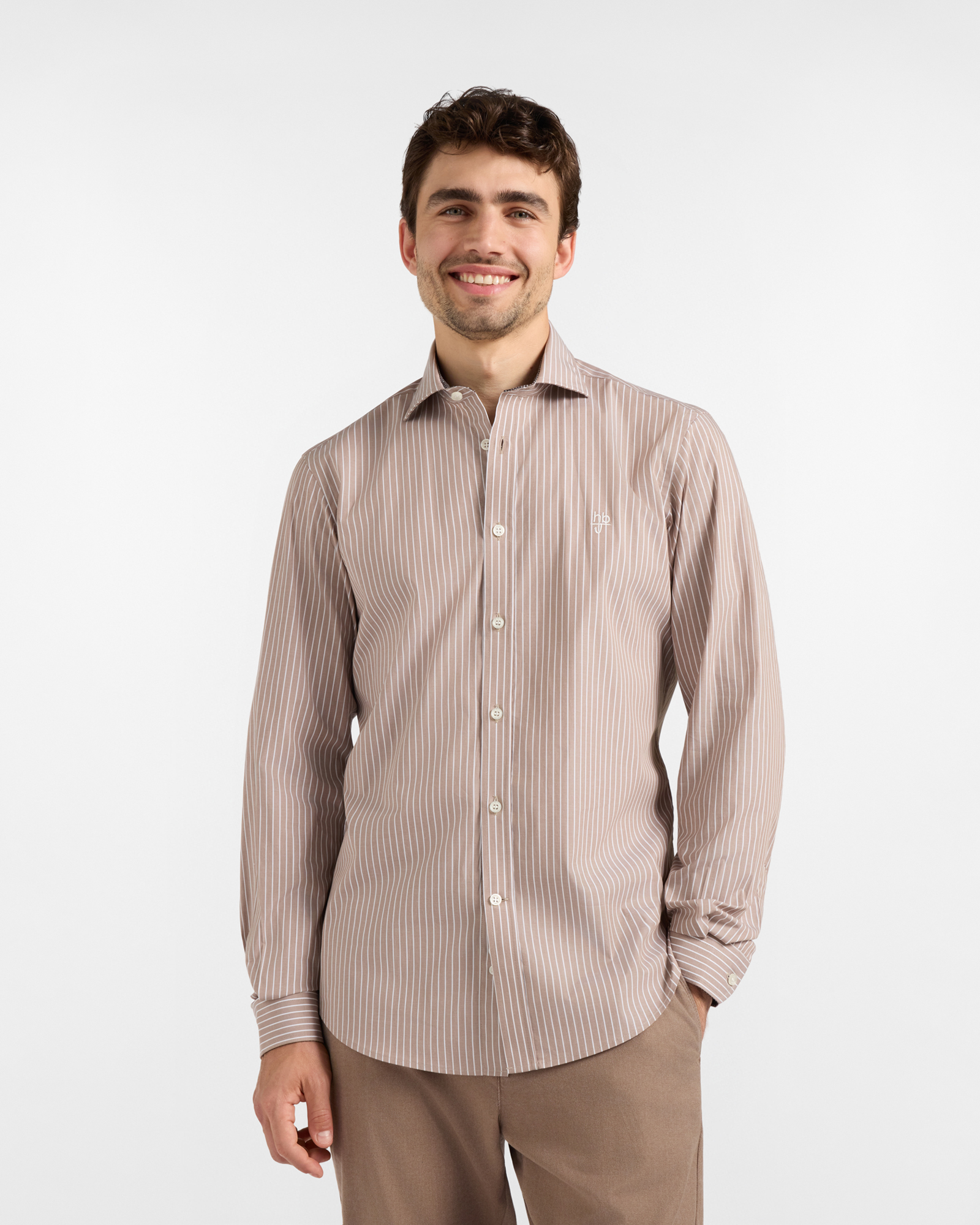 Camicia HBJ Uomo a righe Narrow Fit in cotone stretch beige/bianco
