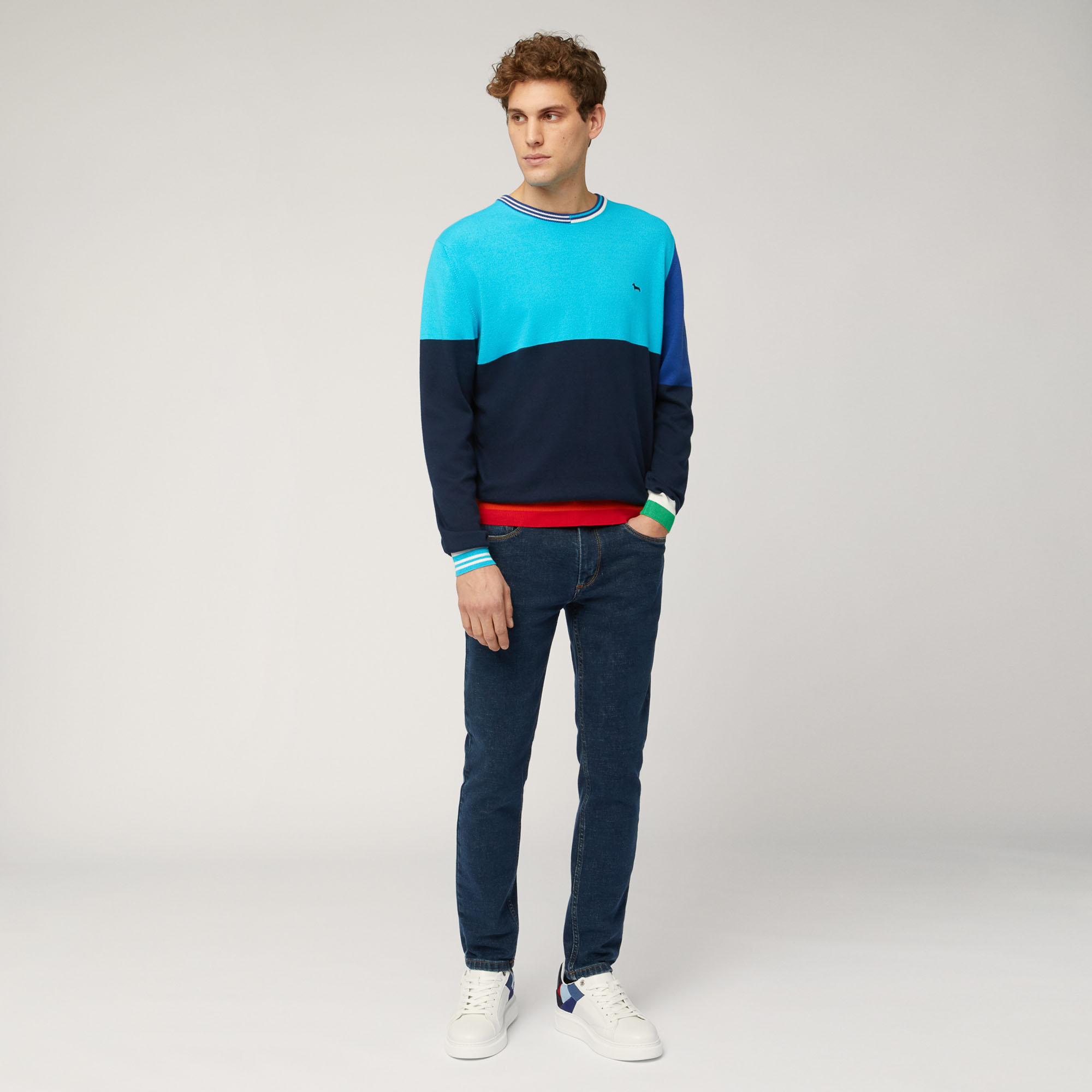 Jersey de algodón orgánico con cuello redondo y diseño de bloques de colores, Azul Noche, large image number 3
