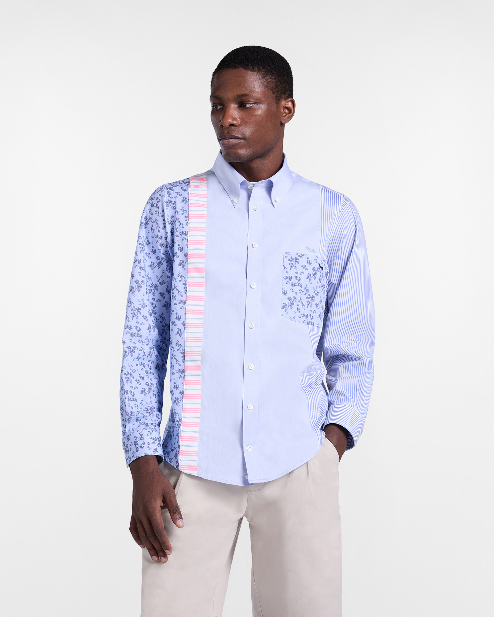 Camicia Uomo Re-Loved Righe e Fiori, Uomo, Blu, Taglia: XS