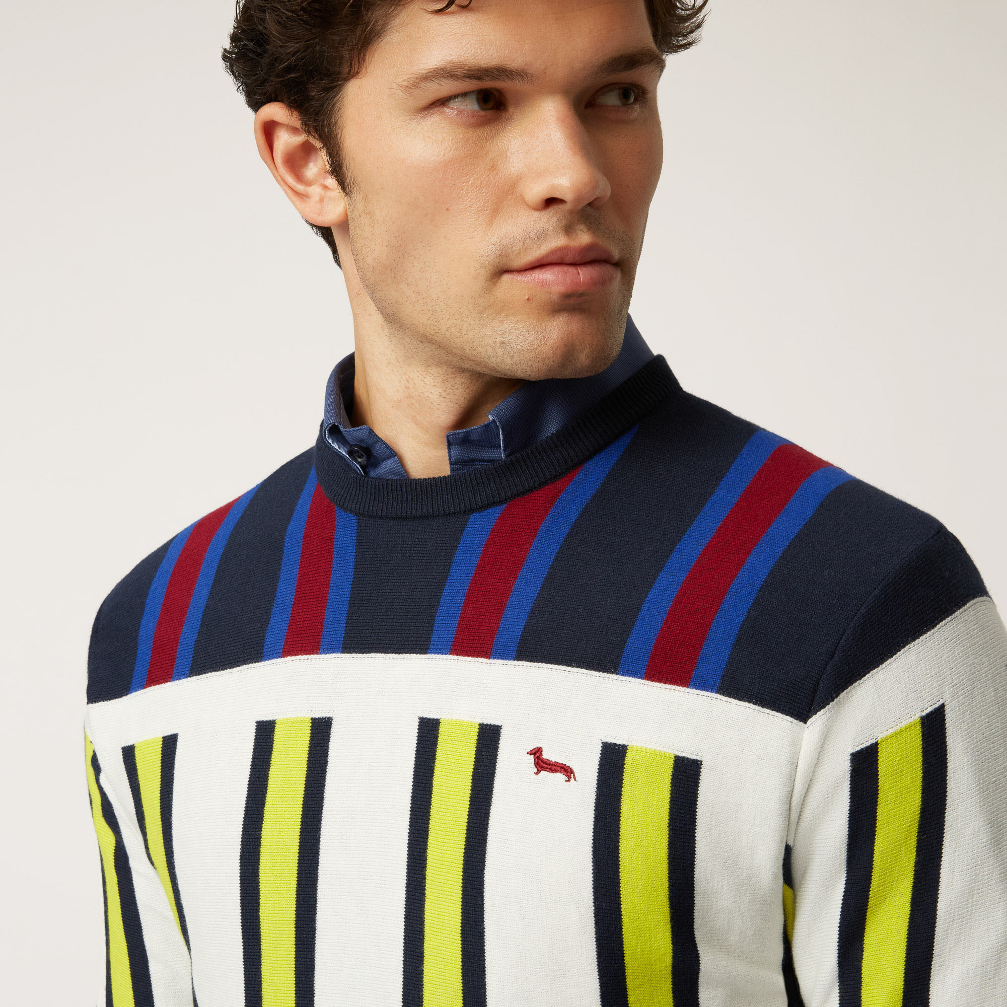 Cotton And Wool Crew-Neck Pullover With Vertical Stripes, Blue, large image number 2