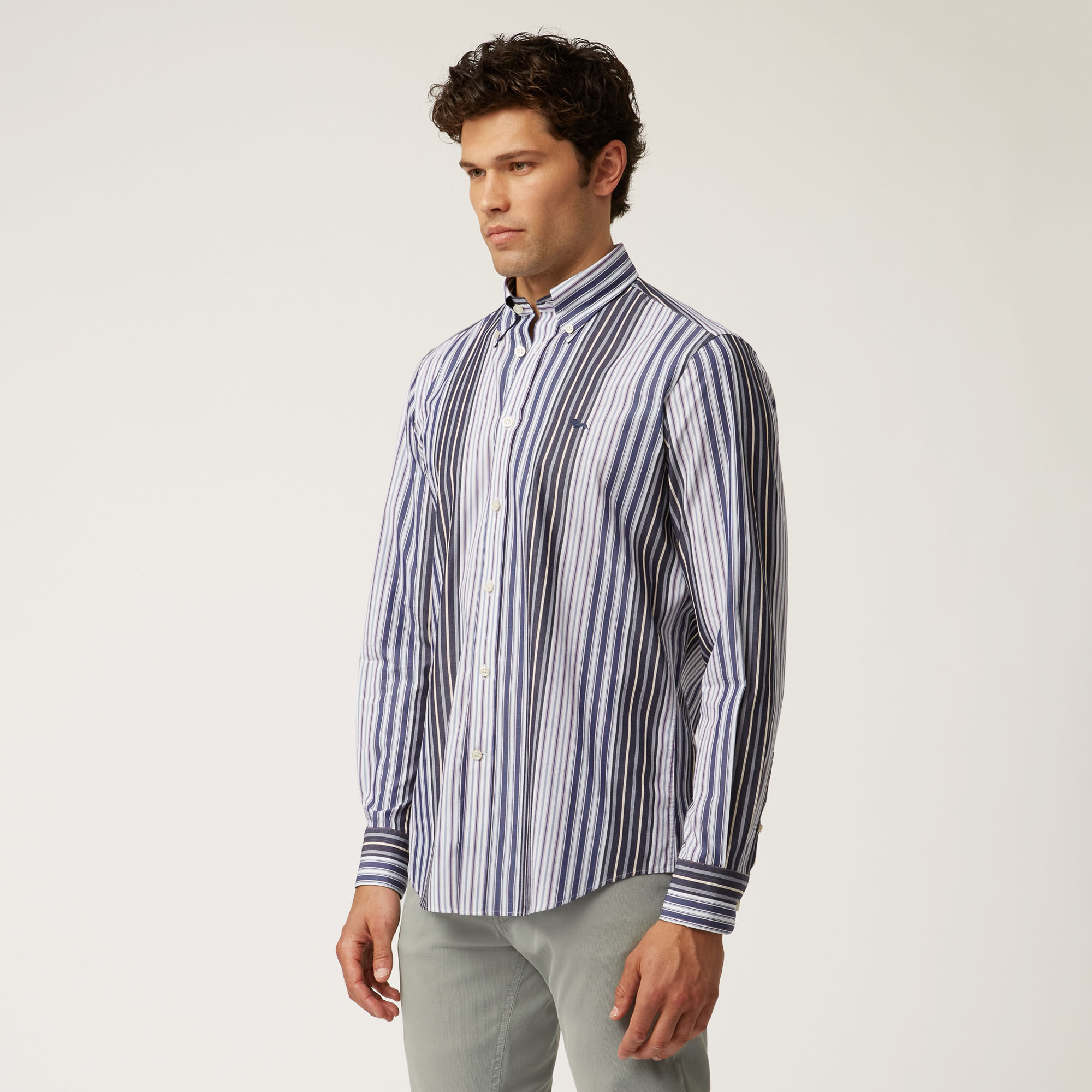 Cotton Shirt With Mixed Stripes, Blue, large image number 0