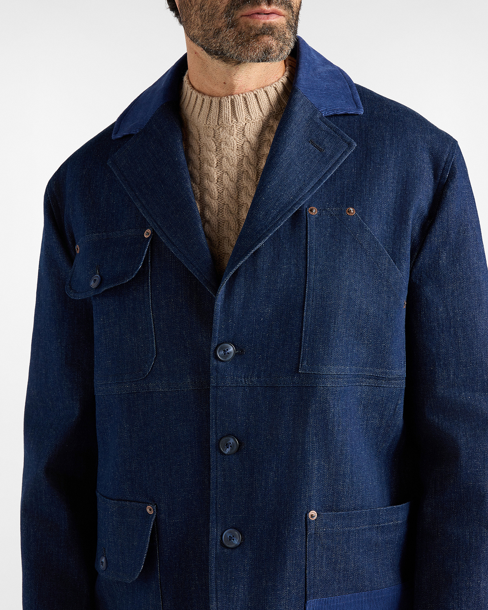 Re-Loved Men&rsquo;s Stretch Cotton Denim Jacket with Velvet Details, Made in Italy, DENIM BLUE, large