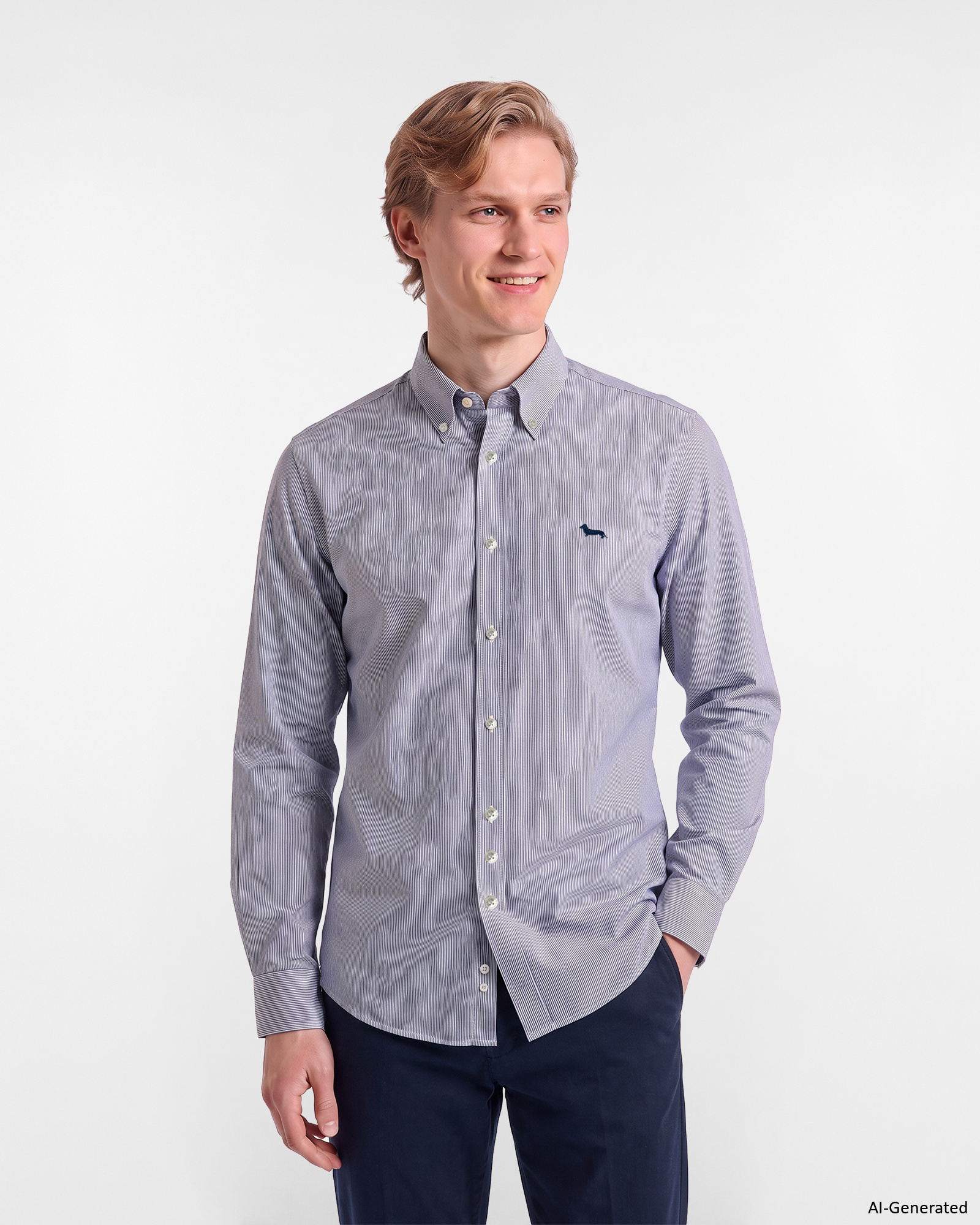 Men's regular-fit dark blue yarn-dyed shirt with micro-stripe