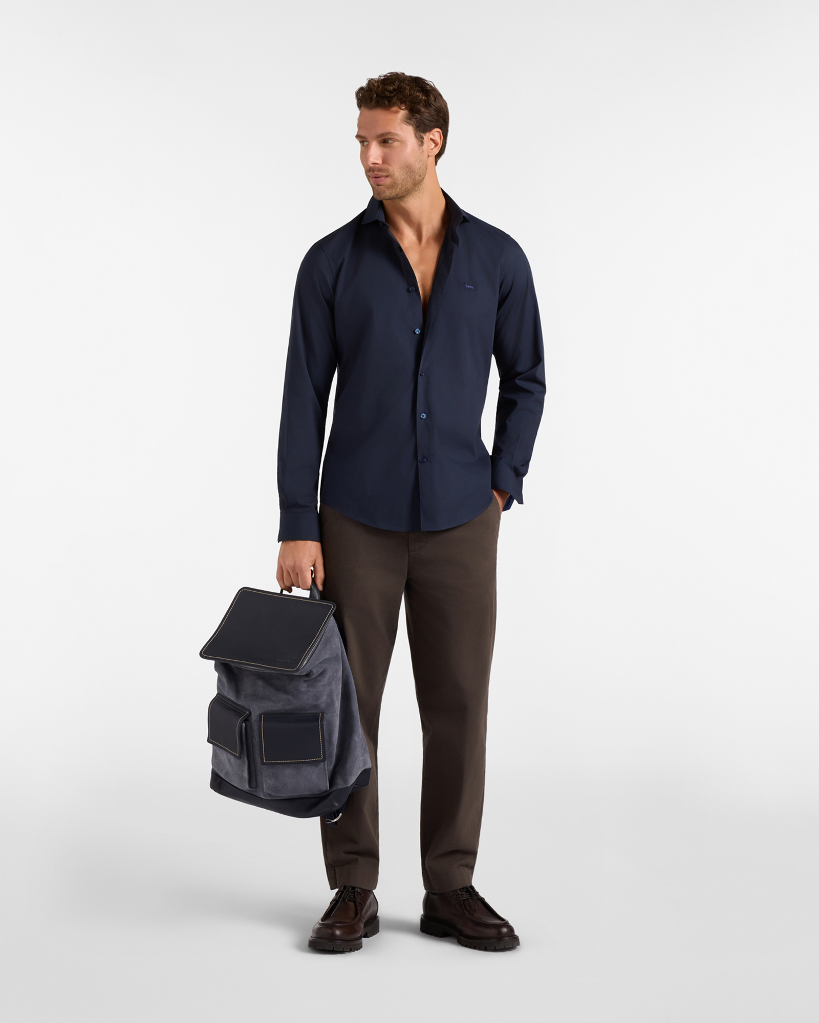 Men's narrow-fit solid shirt in stretch poplin, NAVY BLUE, large image number 3