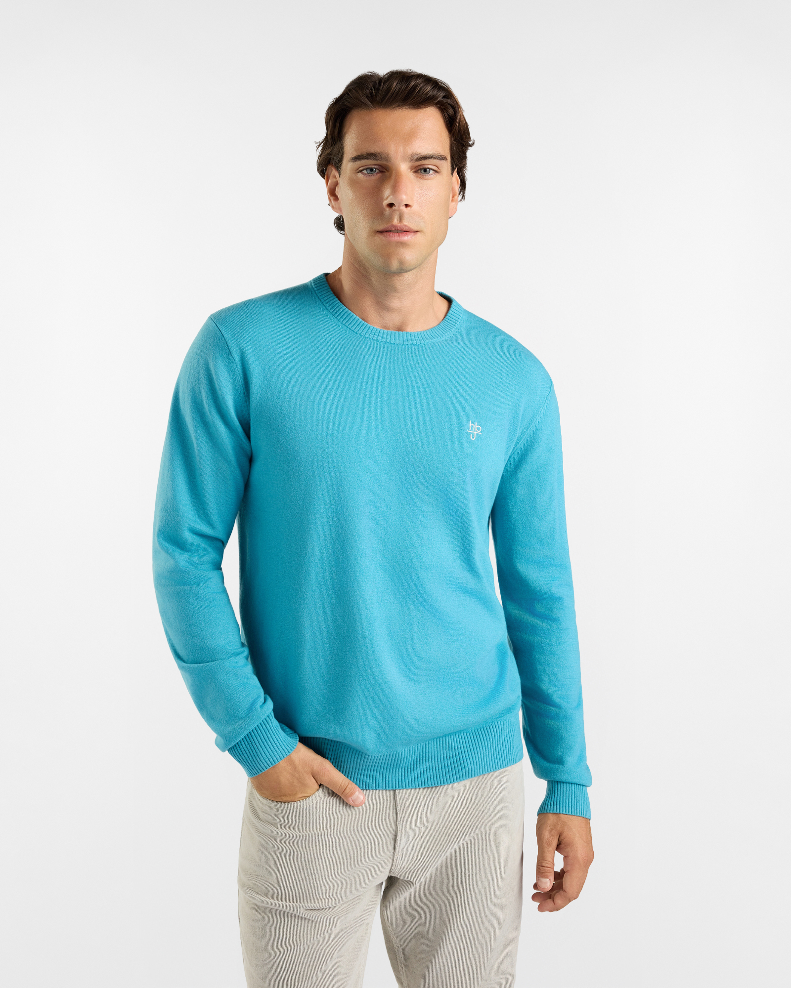 Maglia HBJ Uomo in punto cardato con toppe, girocollo in misto lana e cashmere verde acqua