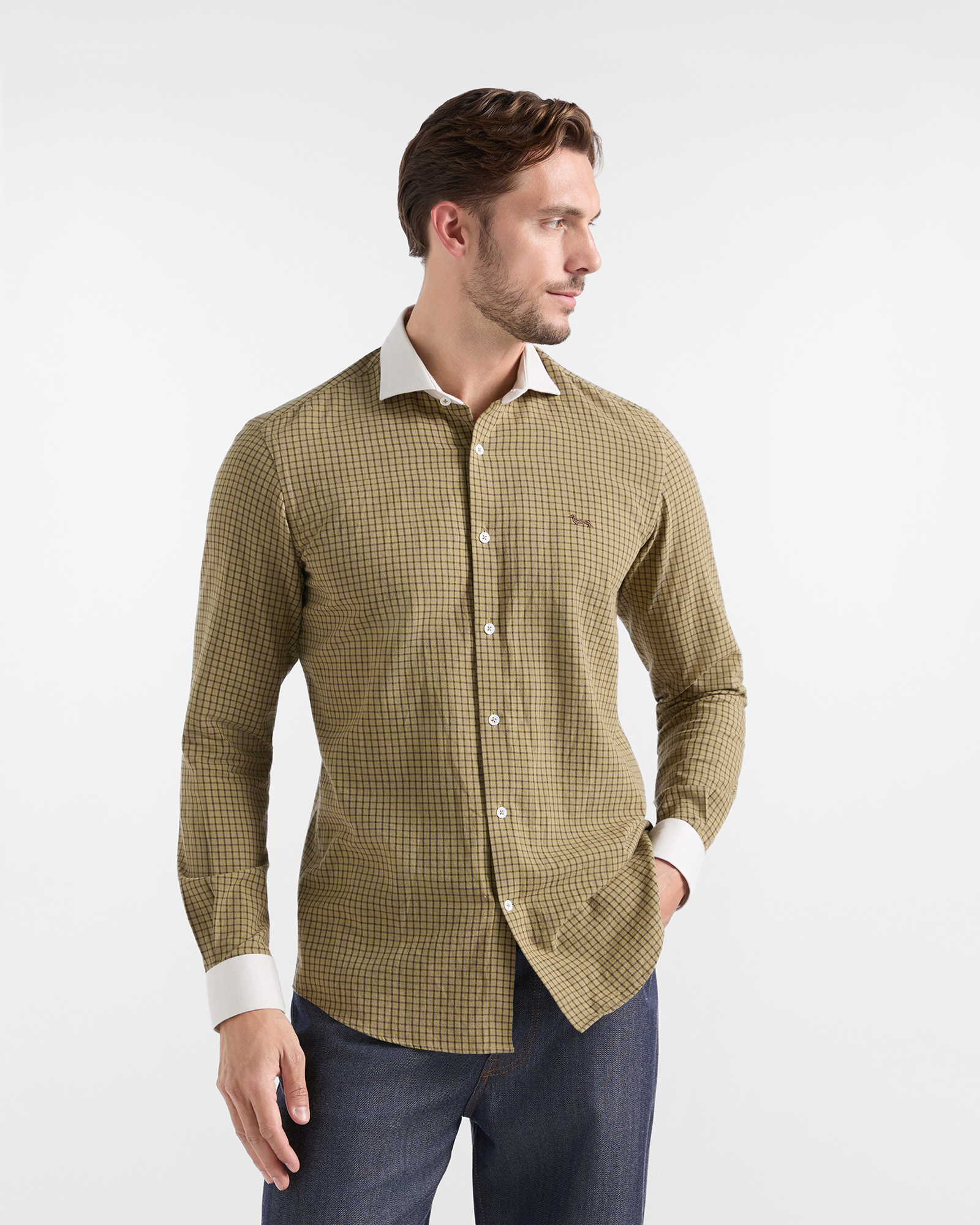 Harmont & Blaine Men&rsquo;s Capsule Quality Colours Shirt in micro-check cotton flannel, LIGHT GREEN, large