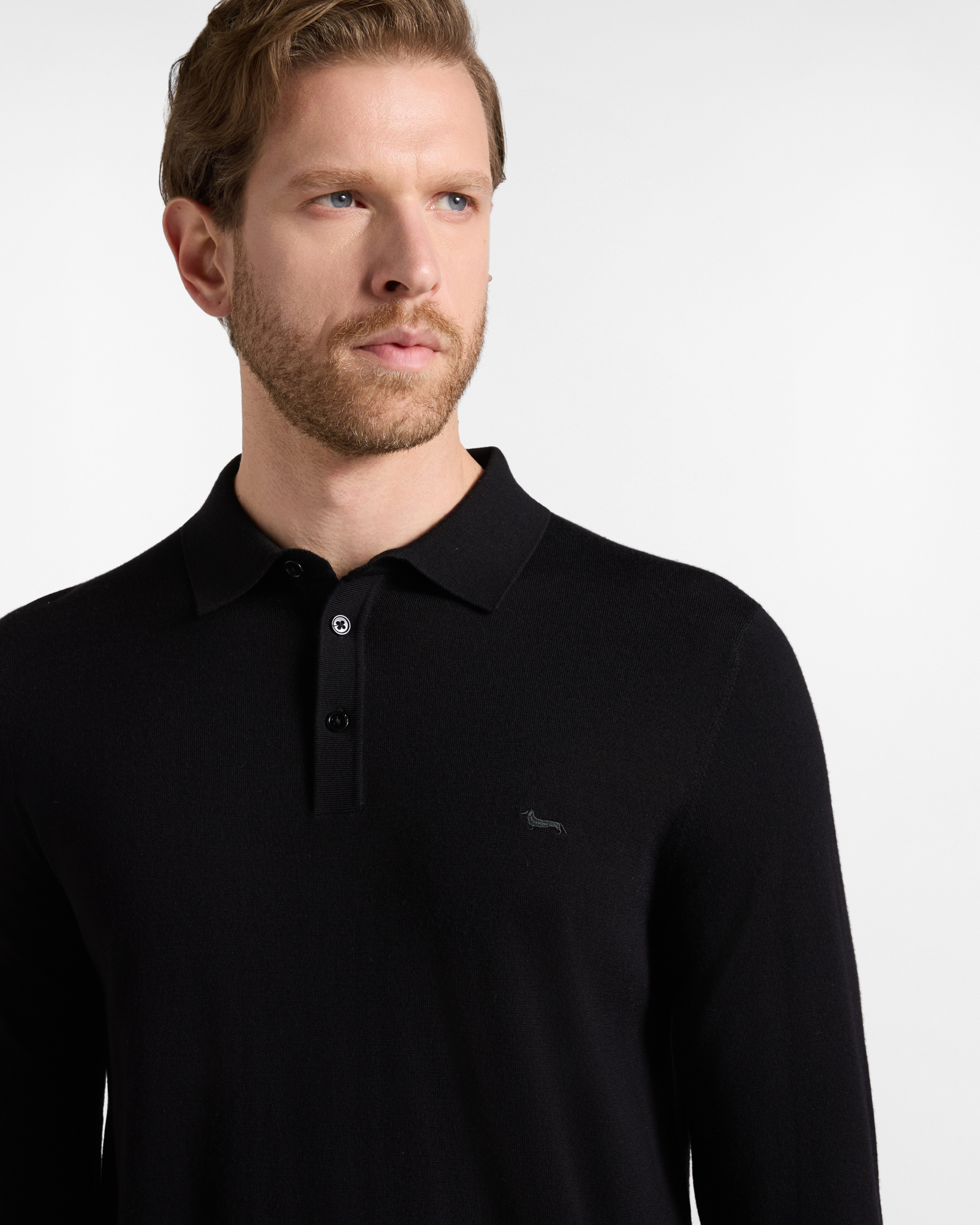 Maglia Uomo con colletto polo abbottonato in 100% pura lana Regular Fit, NERO, large