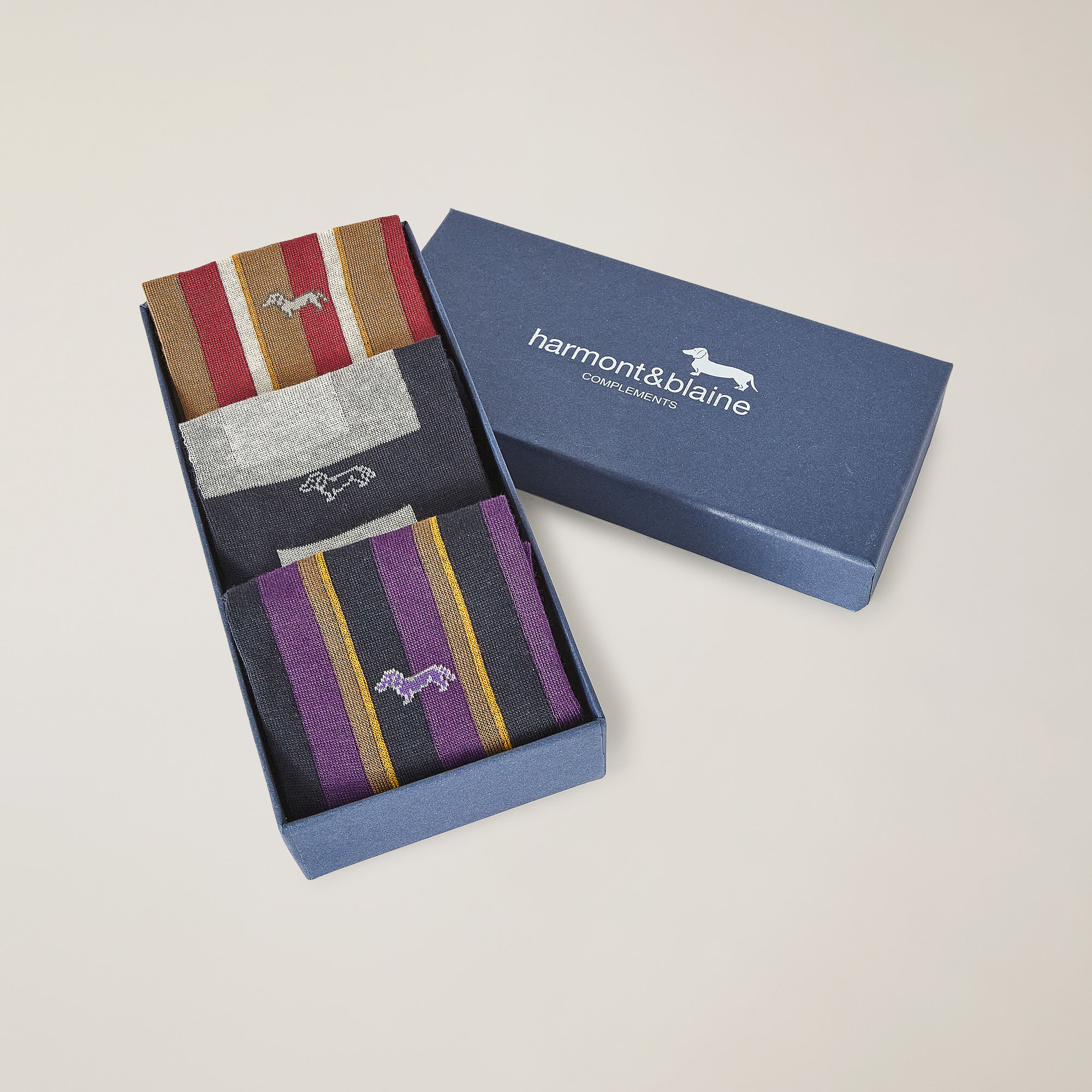 Three-Pair Set Of Short Patchwork/Regimental-Stripe Socks, Blue, large image number 1