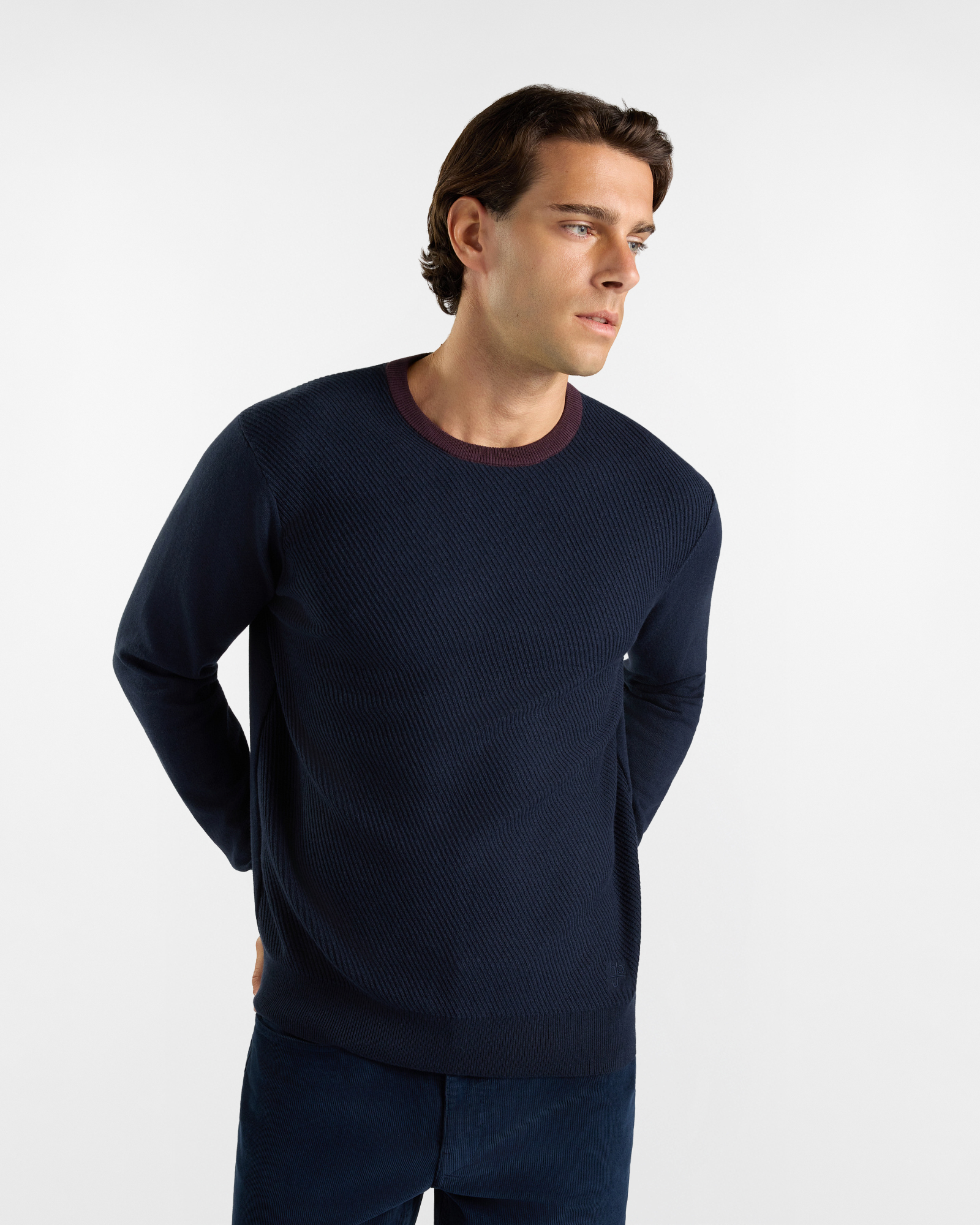 Maglia girocollo HBJ Uomo collo a contrasto in misto lana e cashmere blu scuro