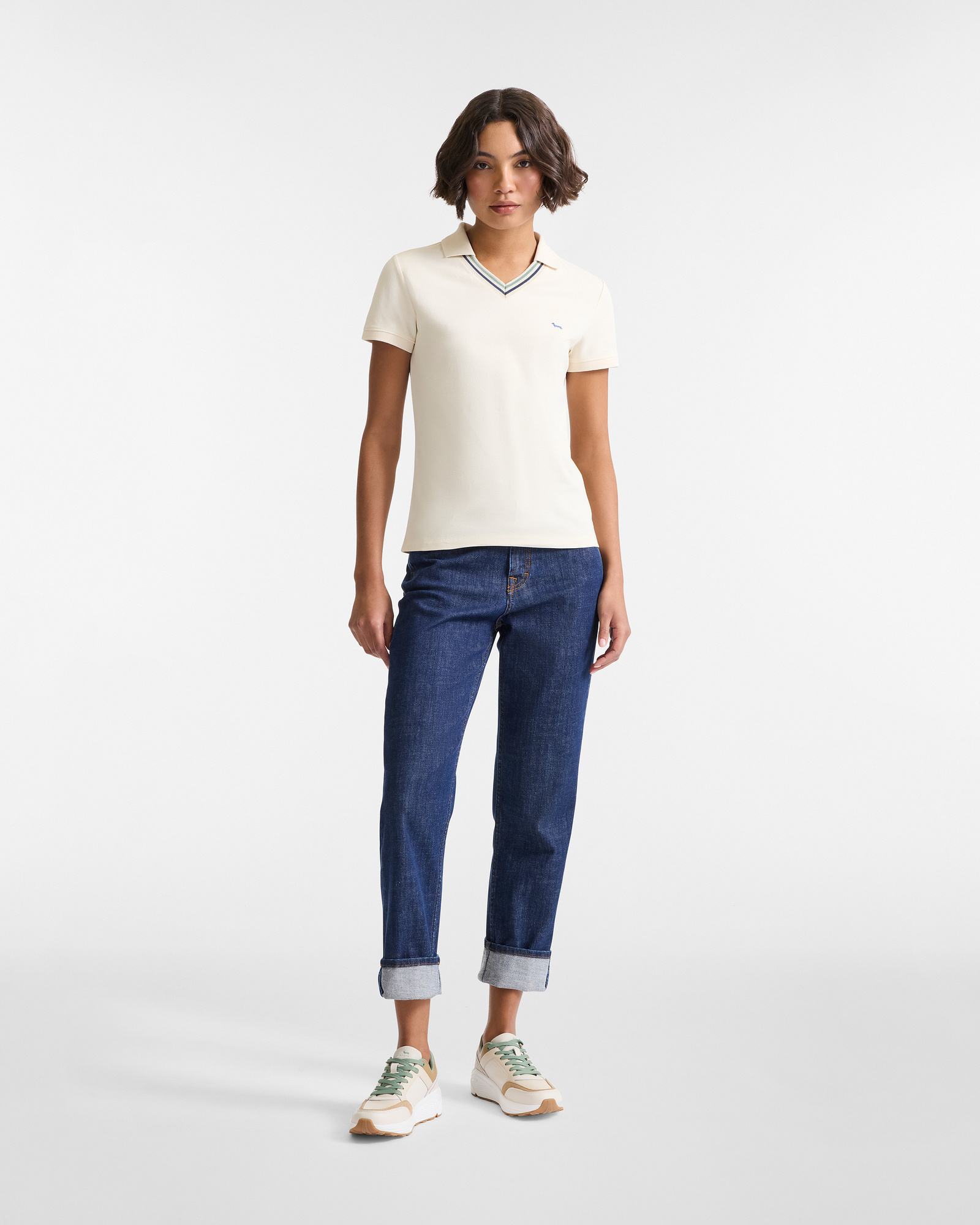 V-Neck Striped Polo, Beige, large image number 3