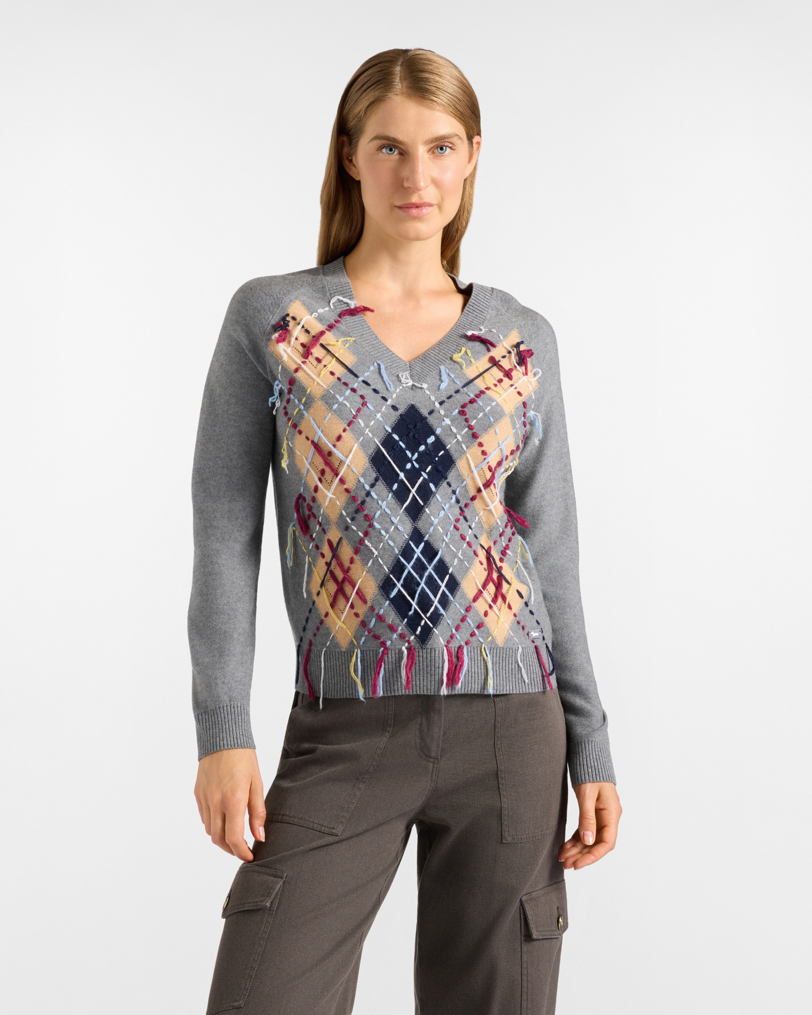 Women's V-neck sweater in gray wool blend