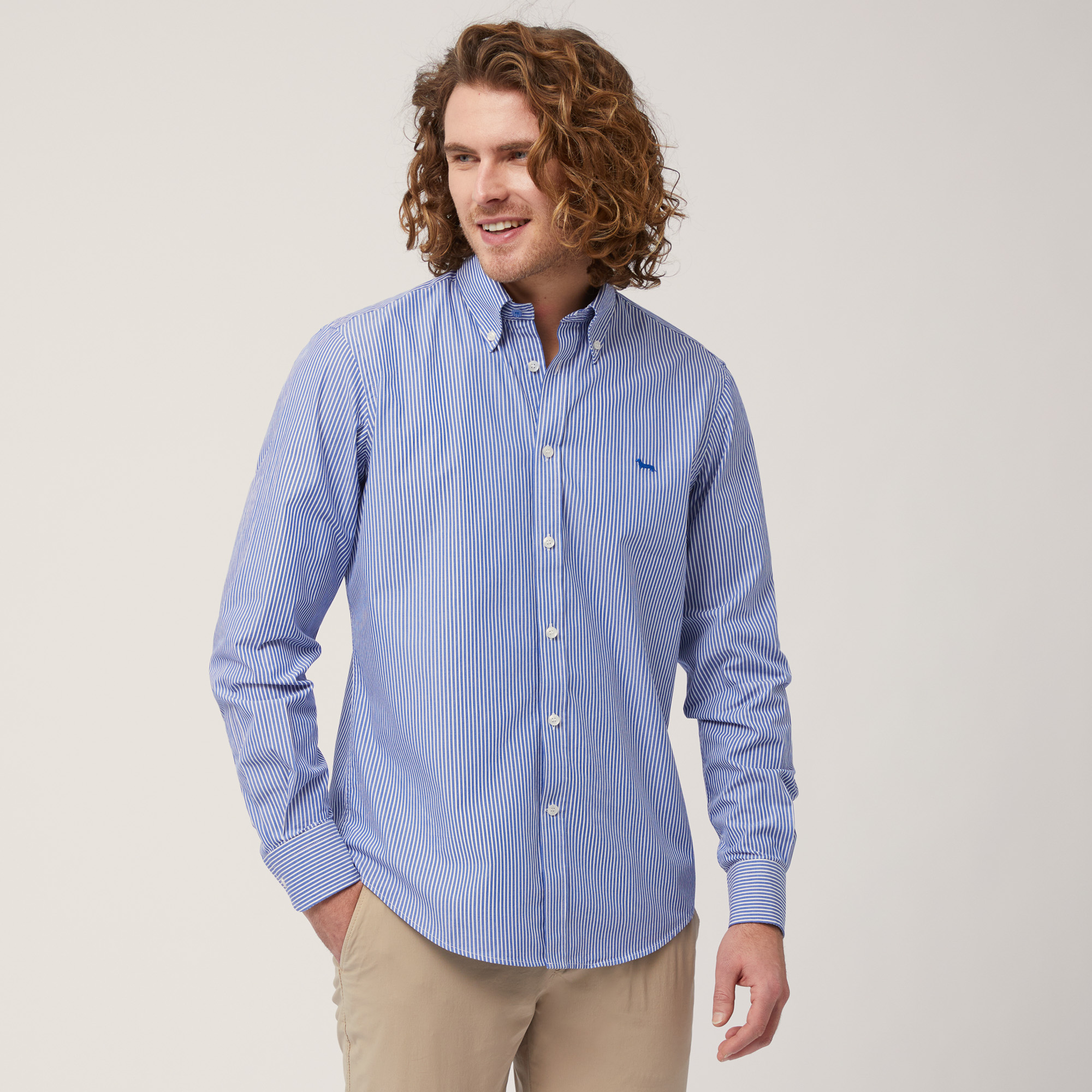 Camisa de popelina de algodón orgánico a rayas, Azul, large