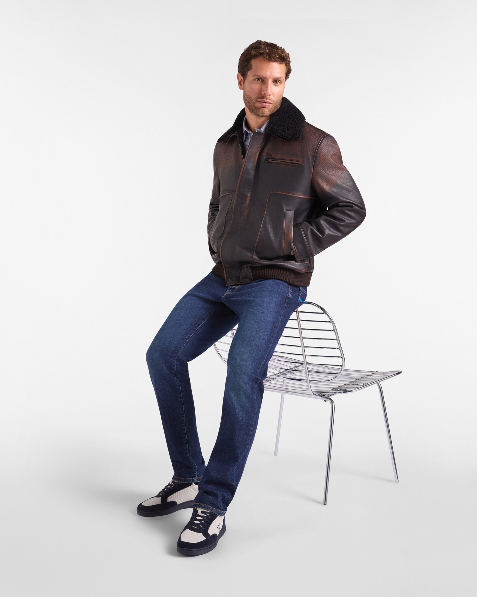 Men&rsquo;s printed leather bomber jacket with  shearling collar, DARK BROWN, large