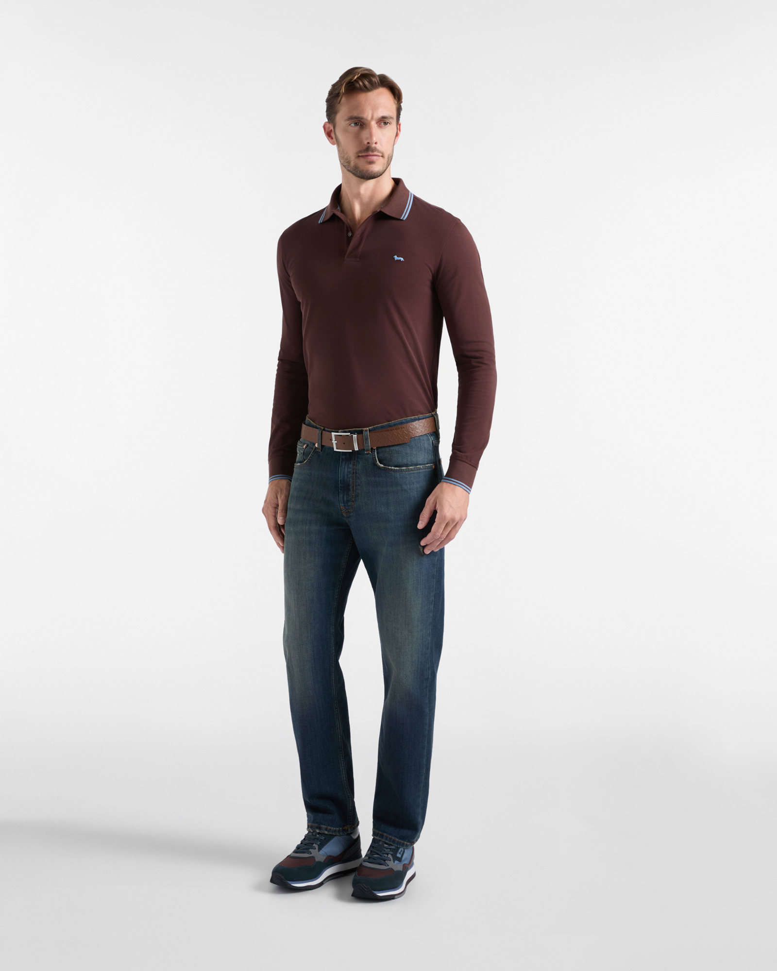 Men's long-sleeve 100% pure cotton piqu&eacute; polo shirt, DARK BROWN, large image number 3
