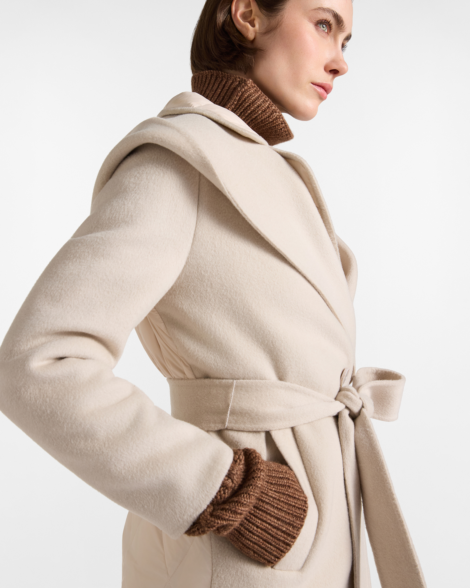 Women&rsquo;s double-breasted coat with quilted panels in pure wool, TAUPE, large