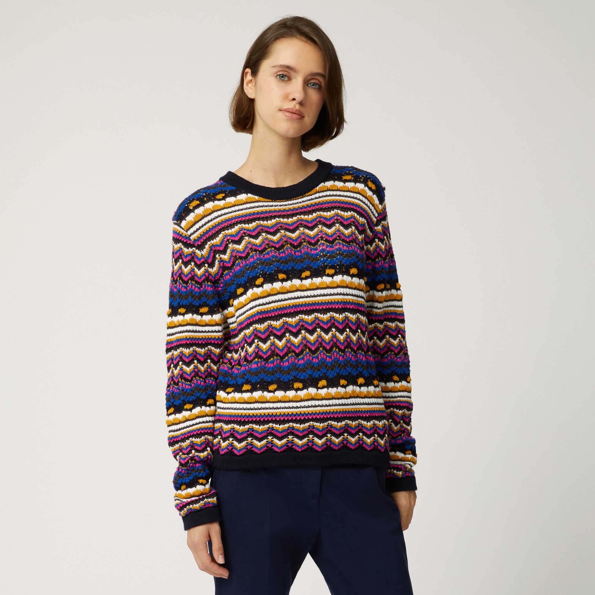 Pullover Girocollo In Lana Con Fantasia Multicolor, Blu Navy, large image number 0
