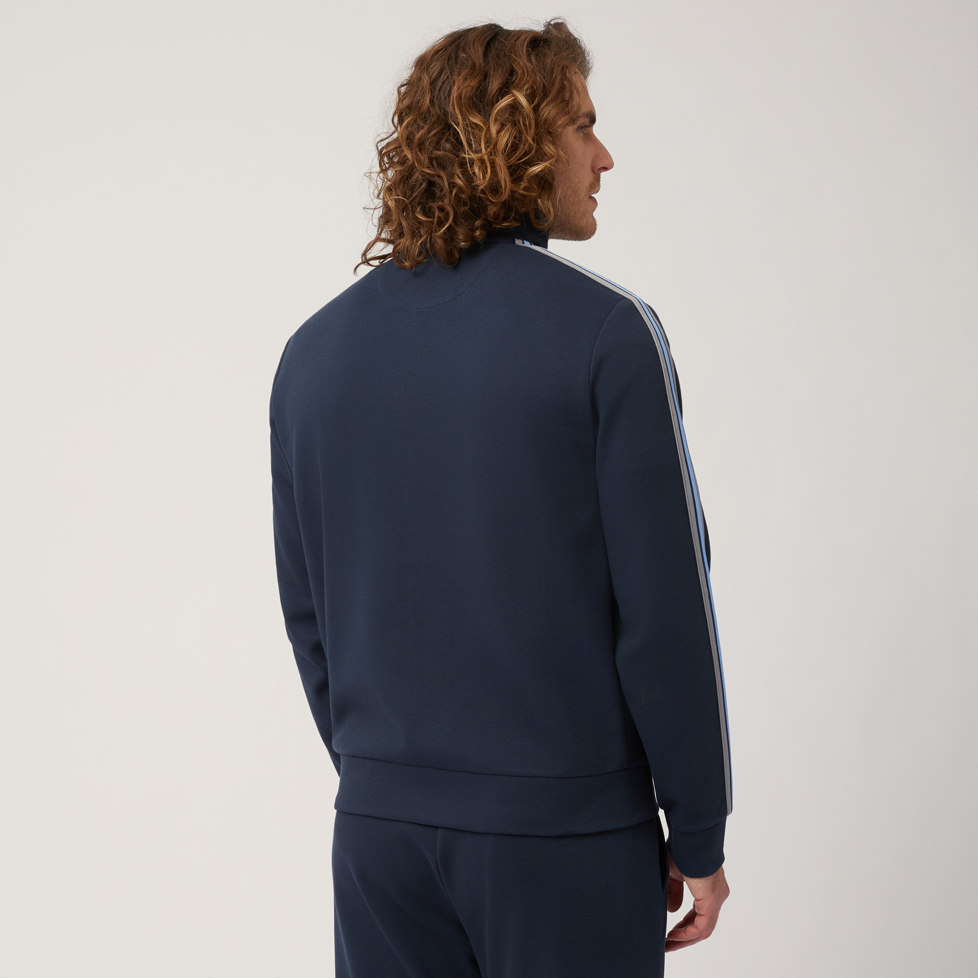 Sweatshirt aus Stretch-Baumwolle mit durchgehendem Reißverschluss und gestreiftem Band, Blau, large image number 1