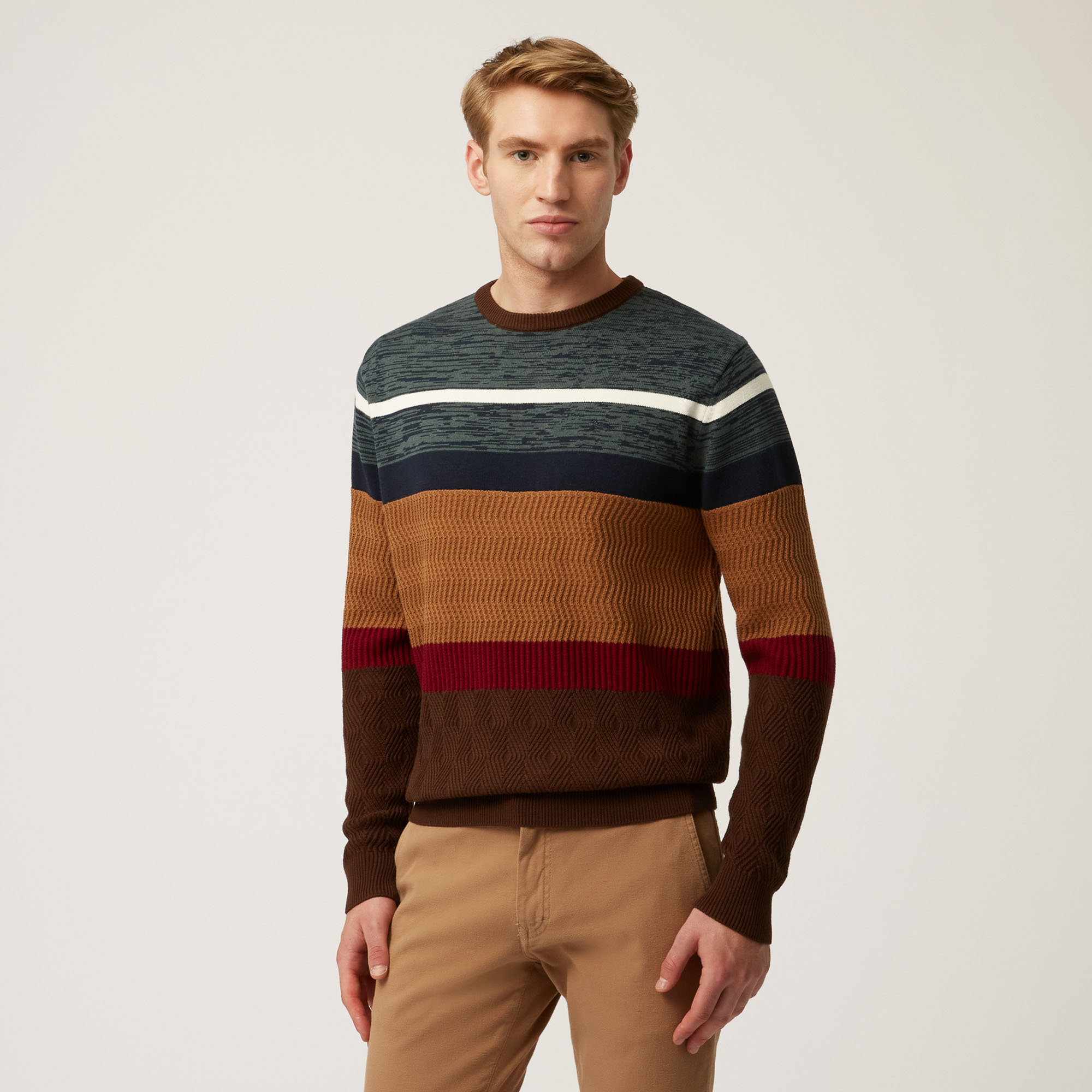 Pullover Mit Rundhalsausschnitt Aus Wolle Und Baumwolle Mit Breiten Horizontalen Streifen, Braun, large