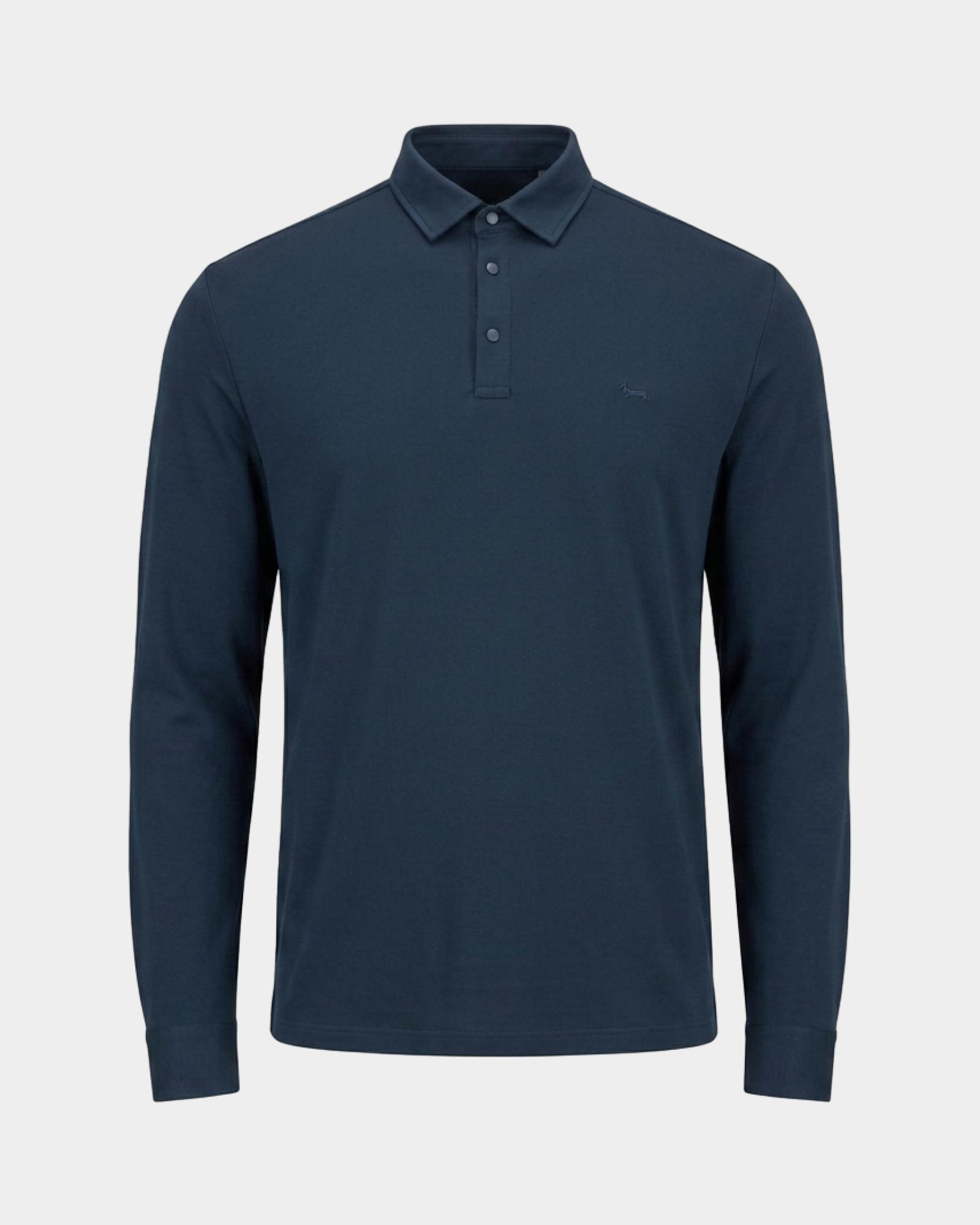 Polo para hombre de manga larga en piqu&eacute; de algod&oacute;n el&aacute;stico, AZUL MARINO, large