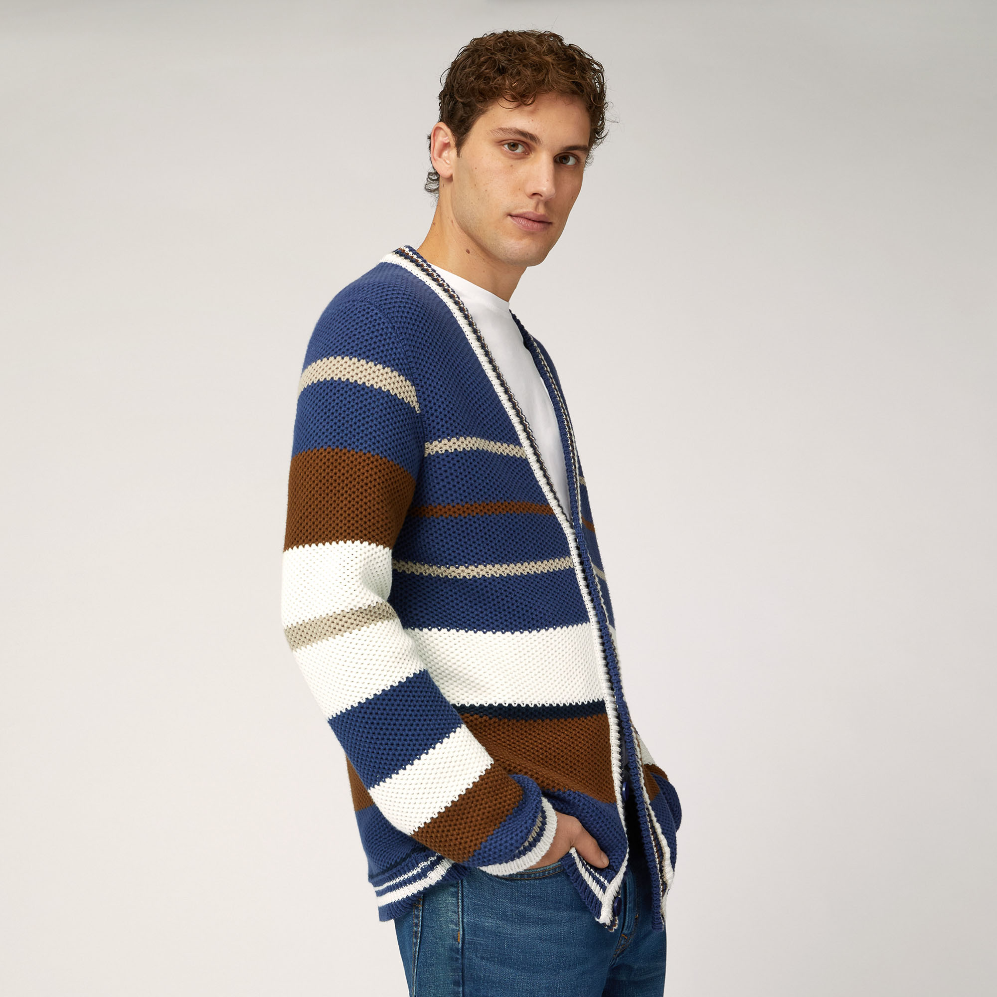 Striped Organic Cotton Cardigan, Blue, large image number 0