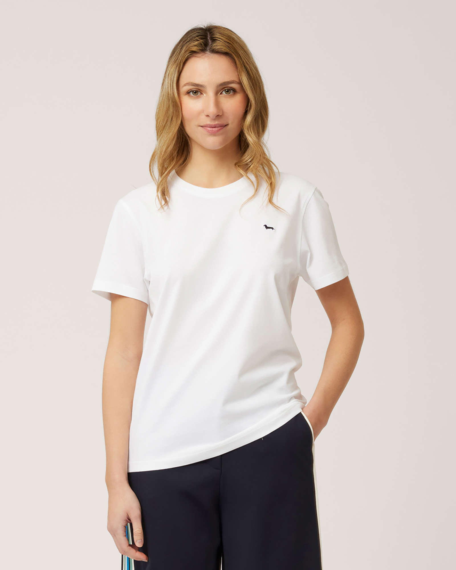 T-shirt with Dachshund Embroidery, White, large