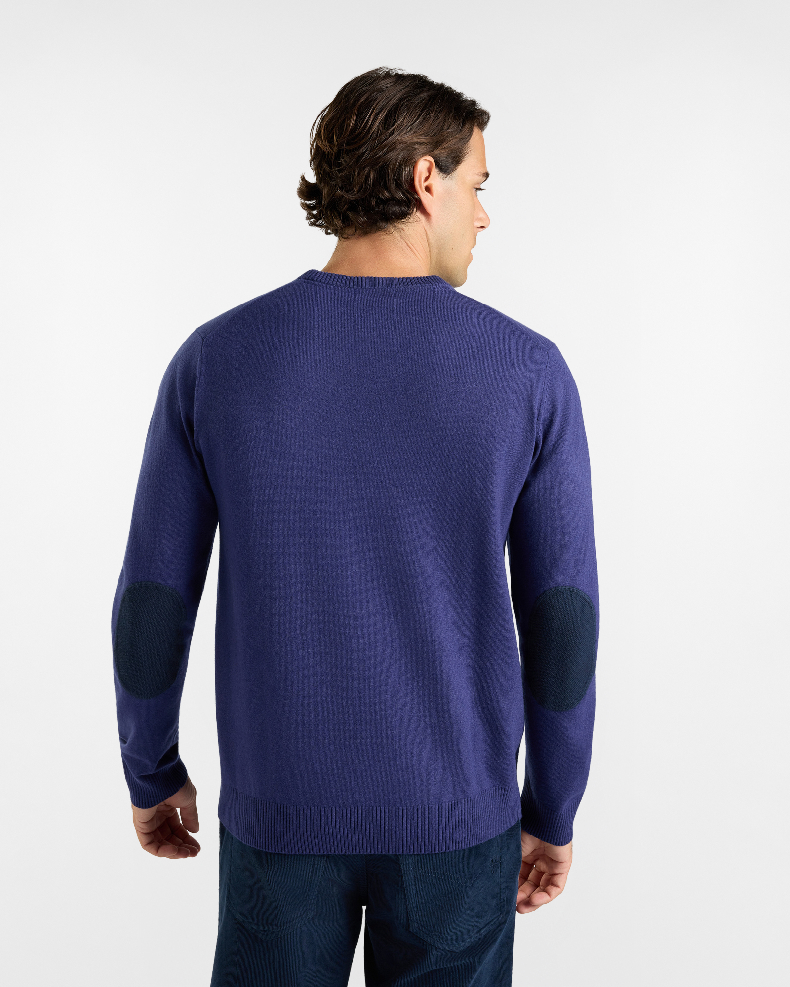 Maglia HBJ Uomo in punto cardato con toppe, girocollo in misto lana e cashmere, BLU, large