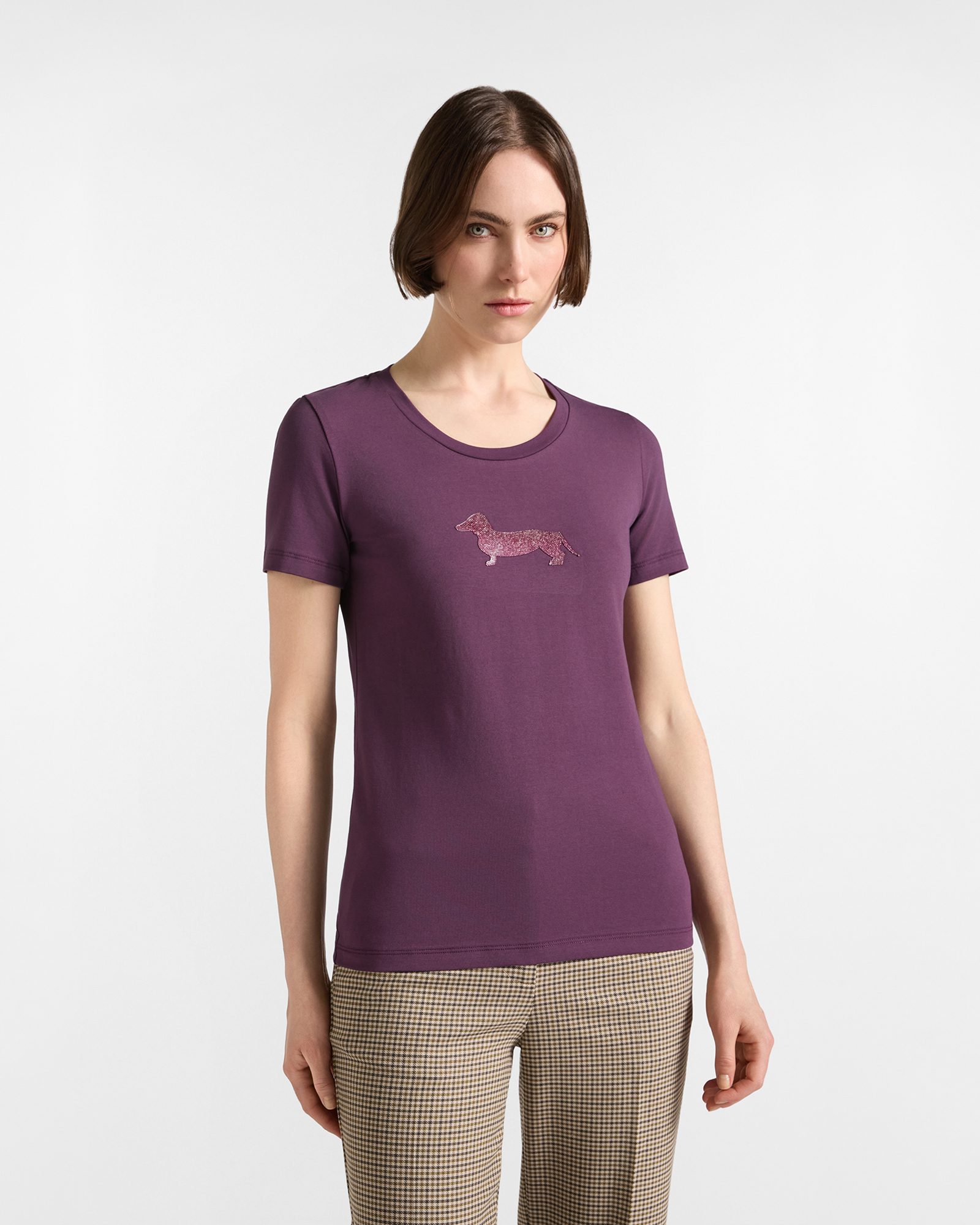 Women's red stretch cotton T-shirt with glitter maxi dachshund