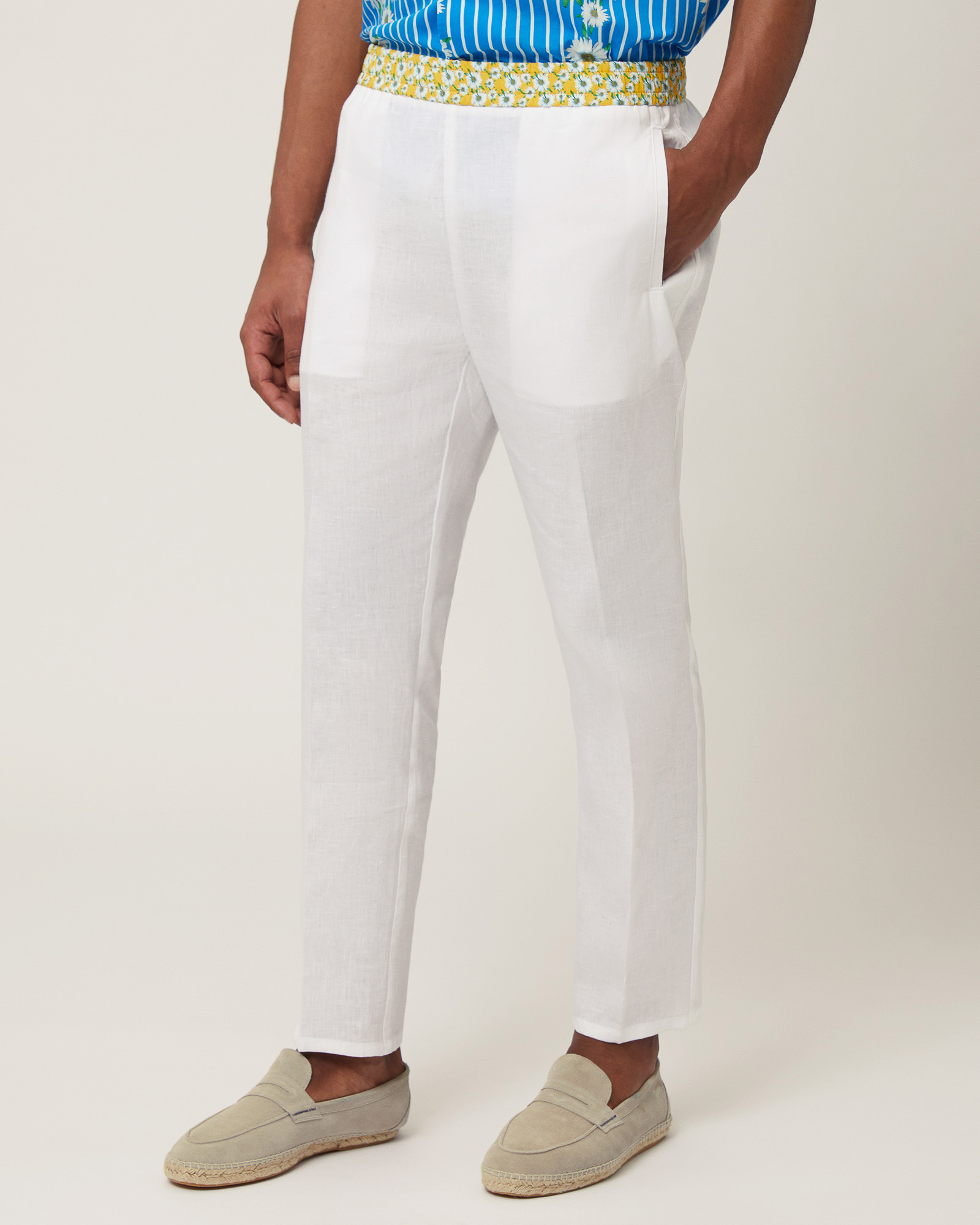 Linen Pants with Daisies, White, large