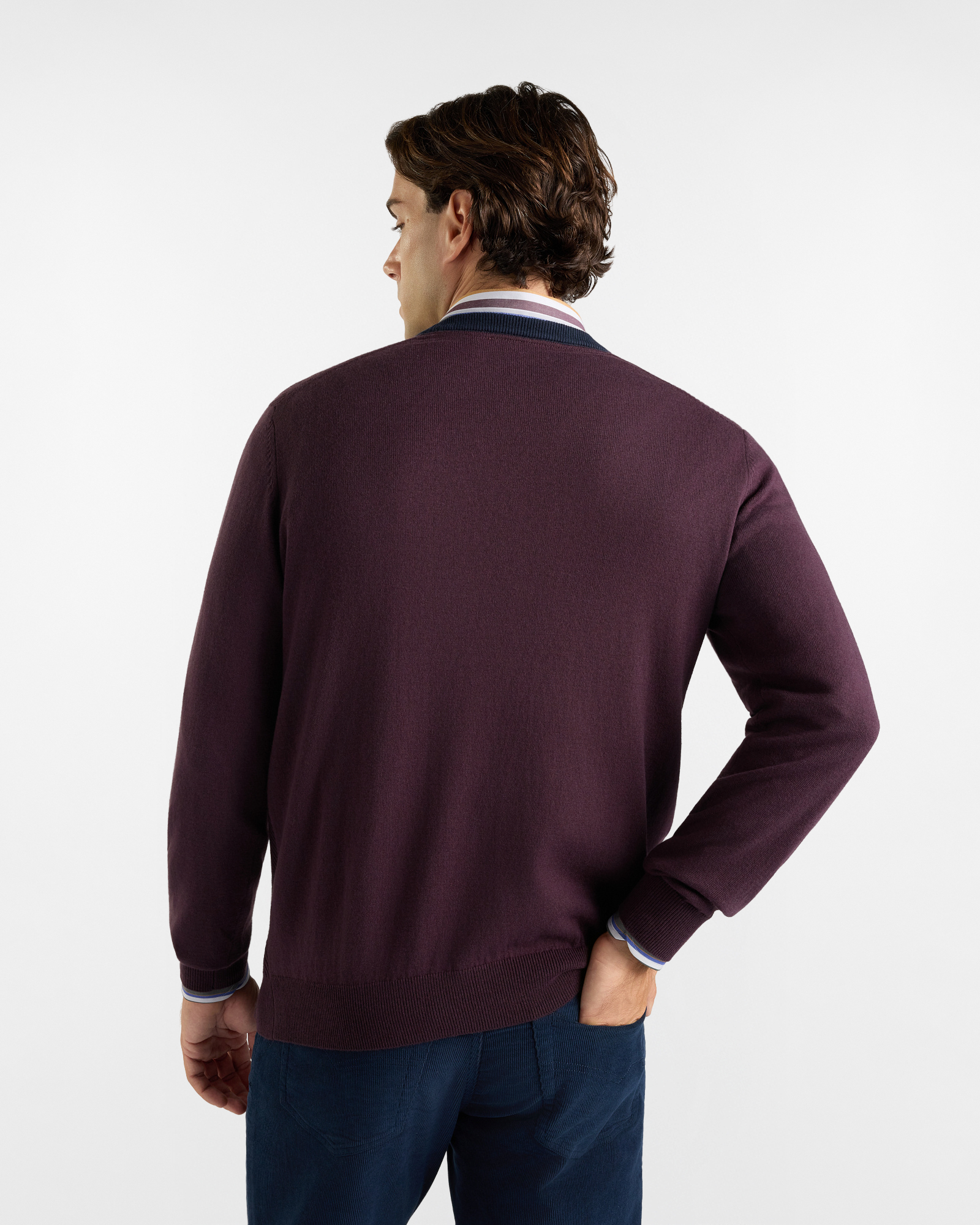 Maglia girocollo HBJ Uomo collo a contrasto in misto lana e cashmere, PRUGNA, large