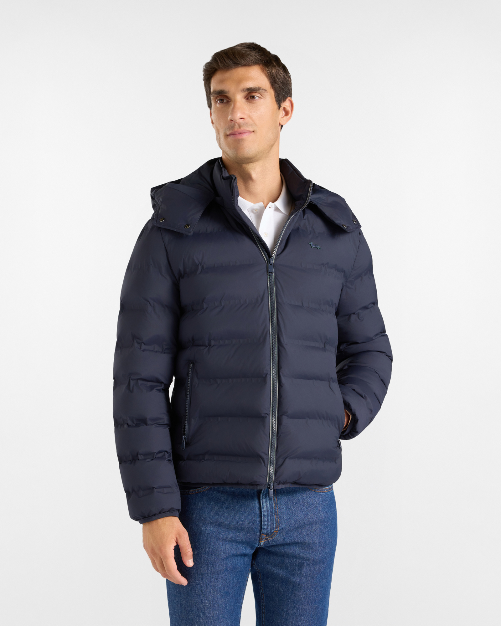 Men&rsquo;s Padded Bomber Jacket in Stretch Technical Nylon &ndash; Navy Blue