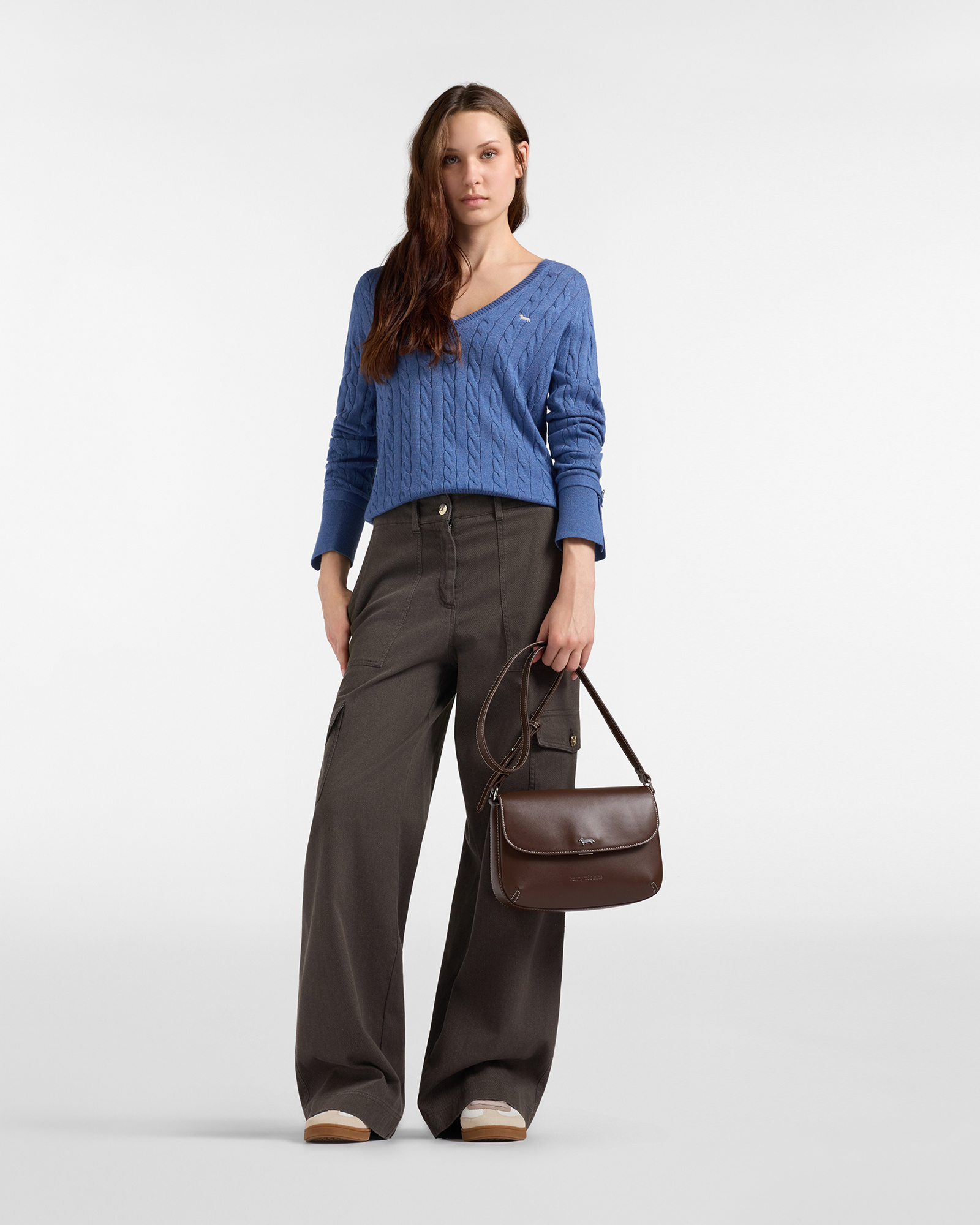 Women&rsquo;s stretch cotton high-waisted cargo trousers, DARK BROWN, large