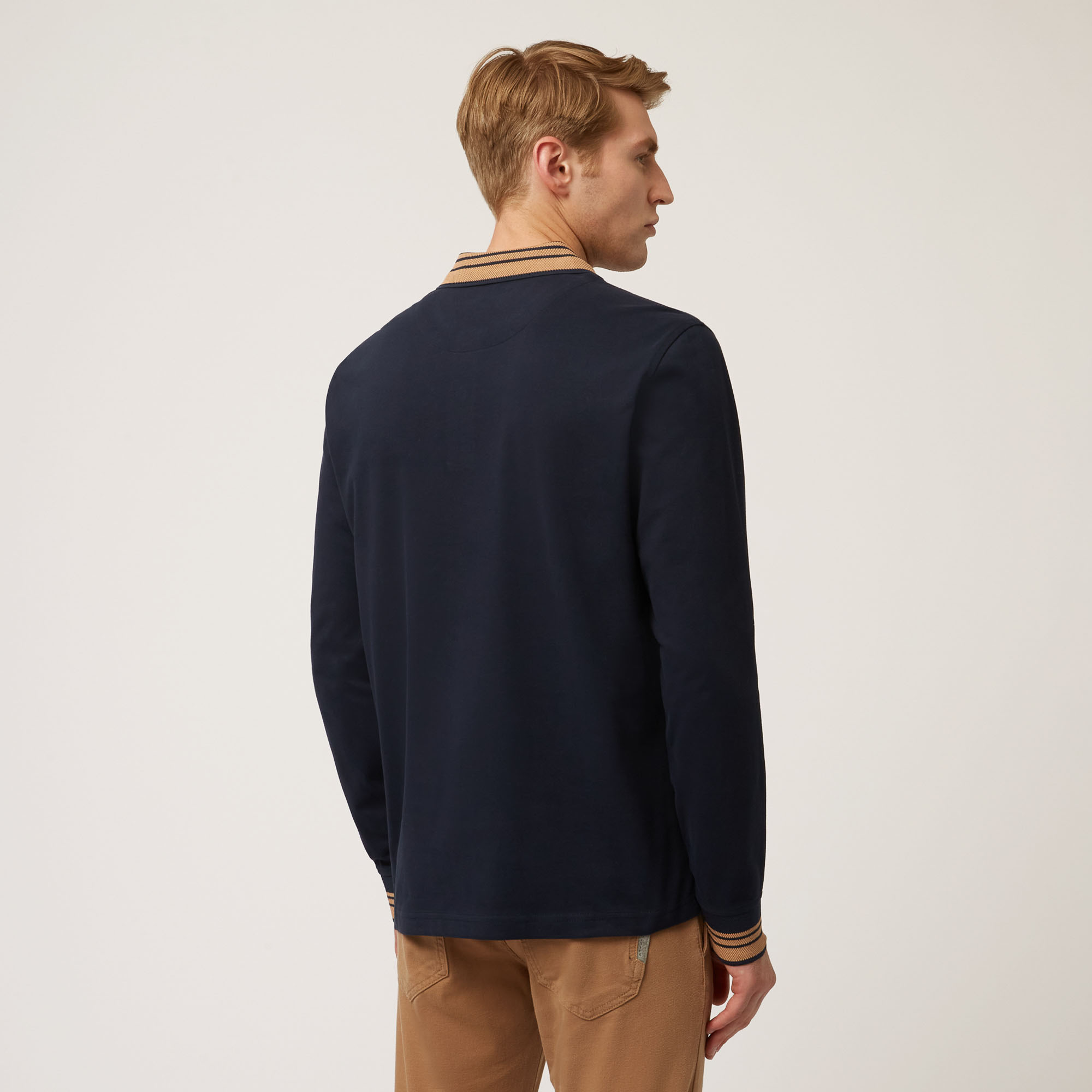 Long-Sleeved Polo Shirt With Contrasting Cuffs And Collar, Blue, large image number 1