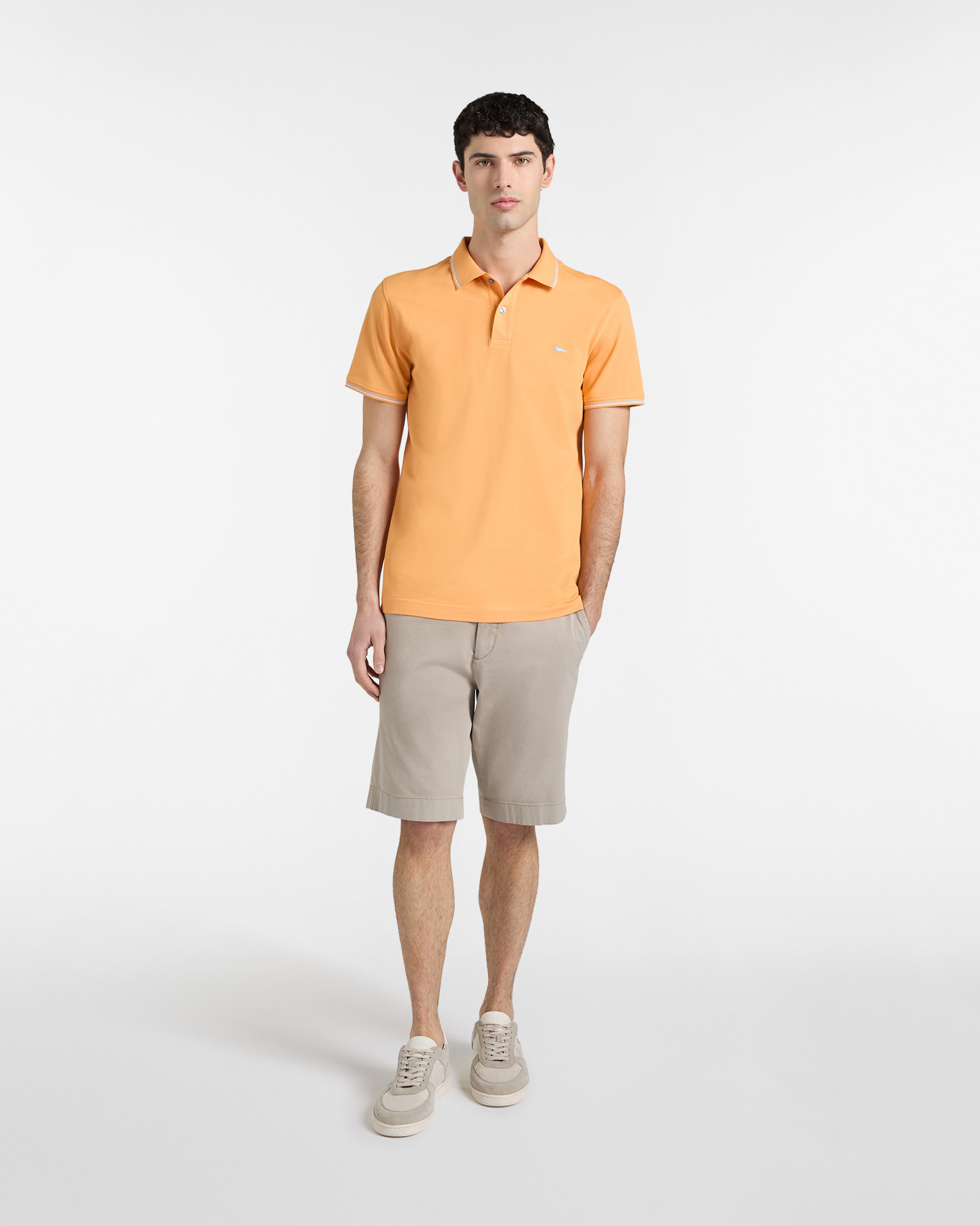 Polo in Piquet Stretch con Dettagli Righe, Arancio, large image number 3