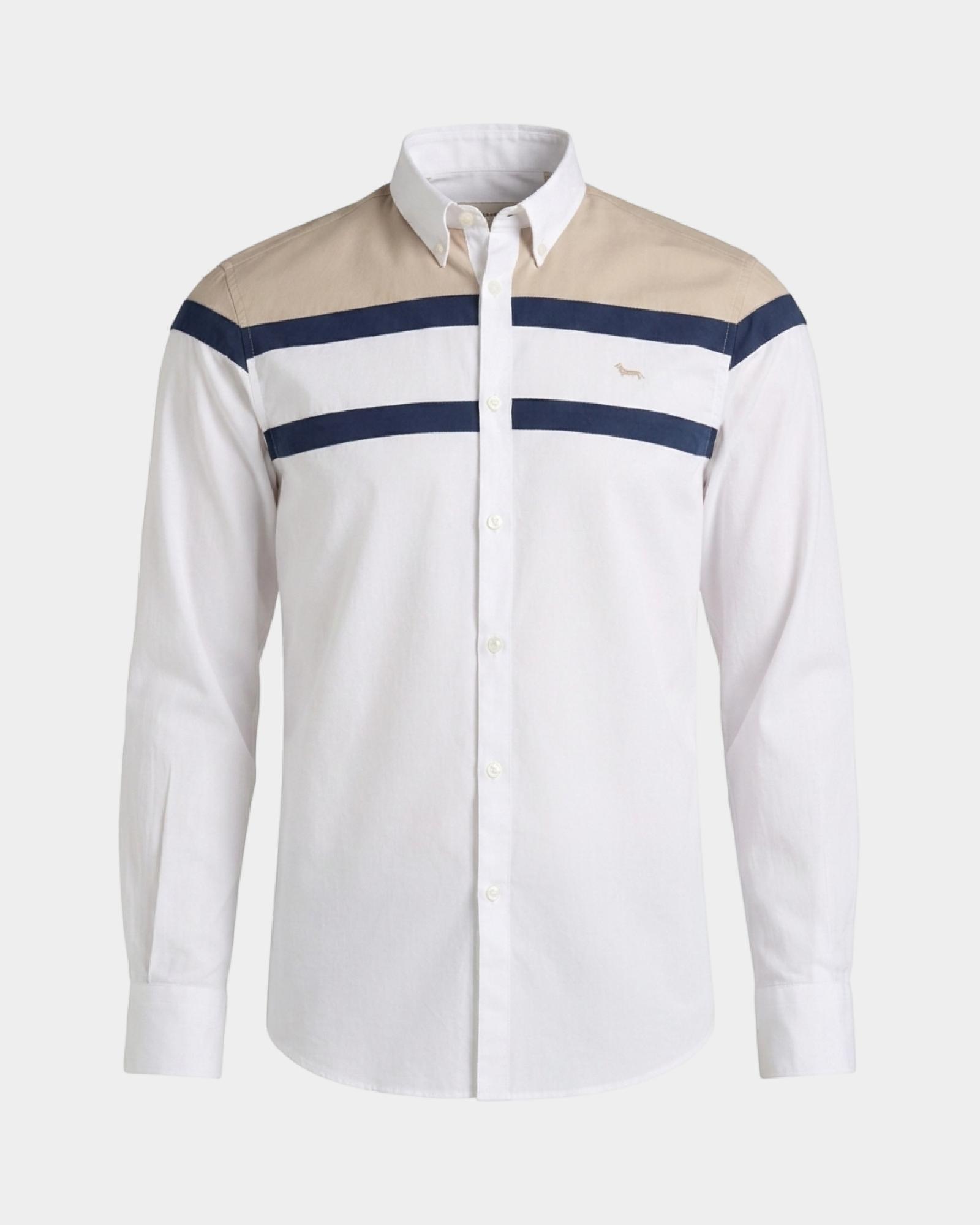 Camisa de hombre de corte regular en popel&iacute;n peach con bandas, BLANCO, large