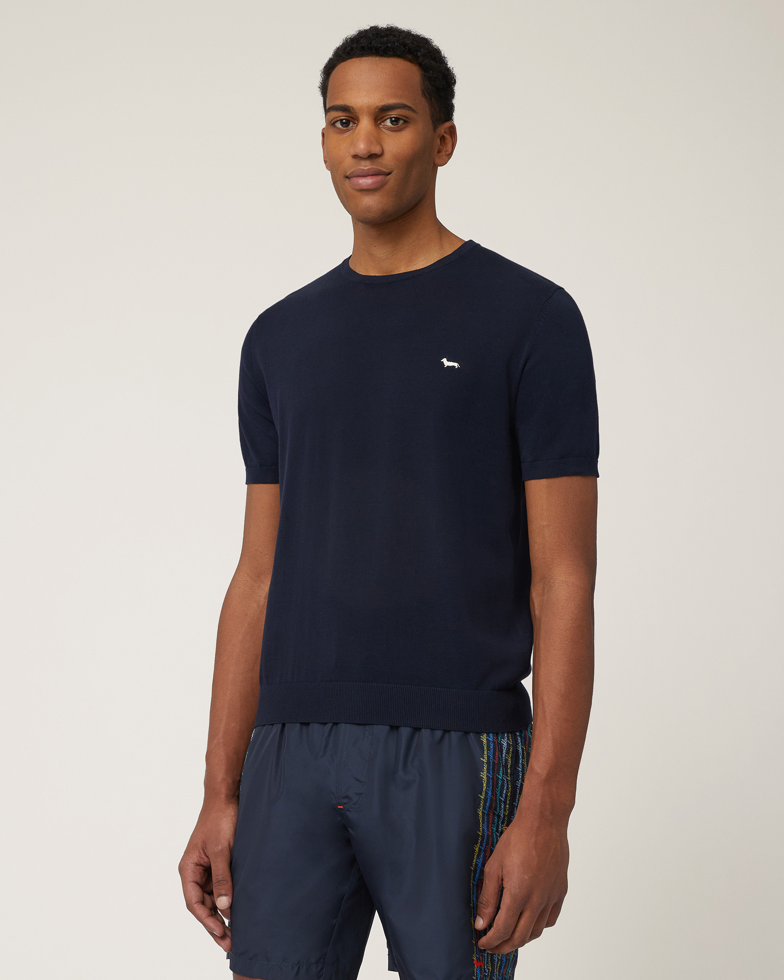 Cotton Knit T-Shirt, Navy Blue, large