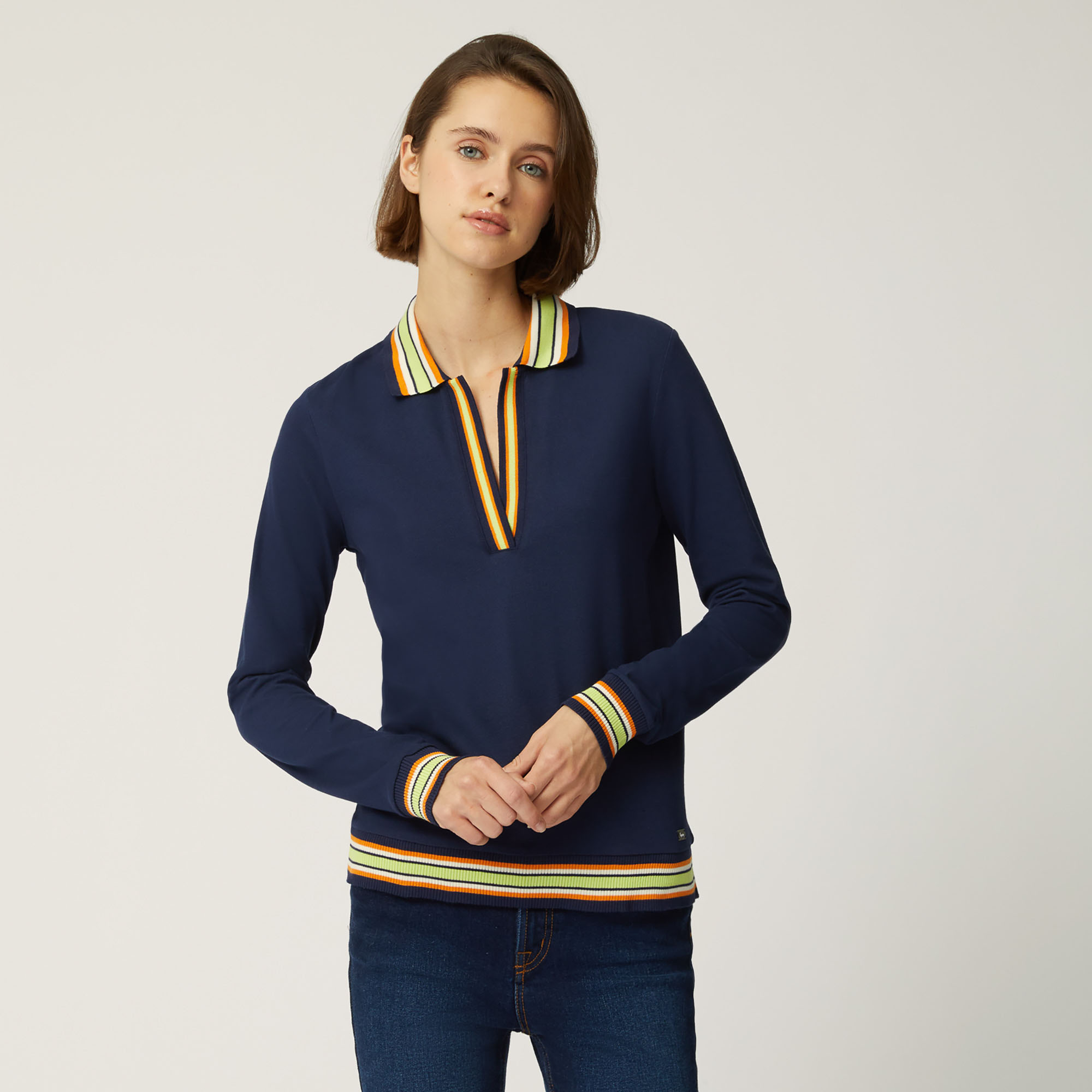 Long-Sleeved Polo Shirt With Contrast Details, Blue, large