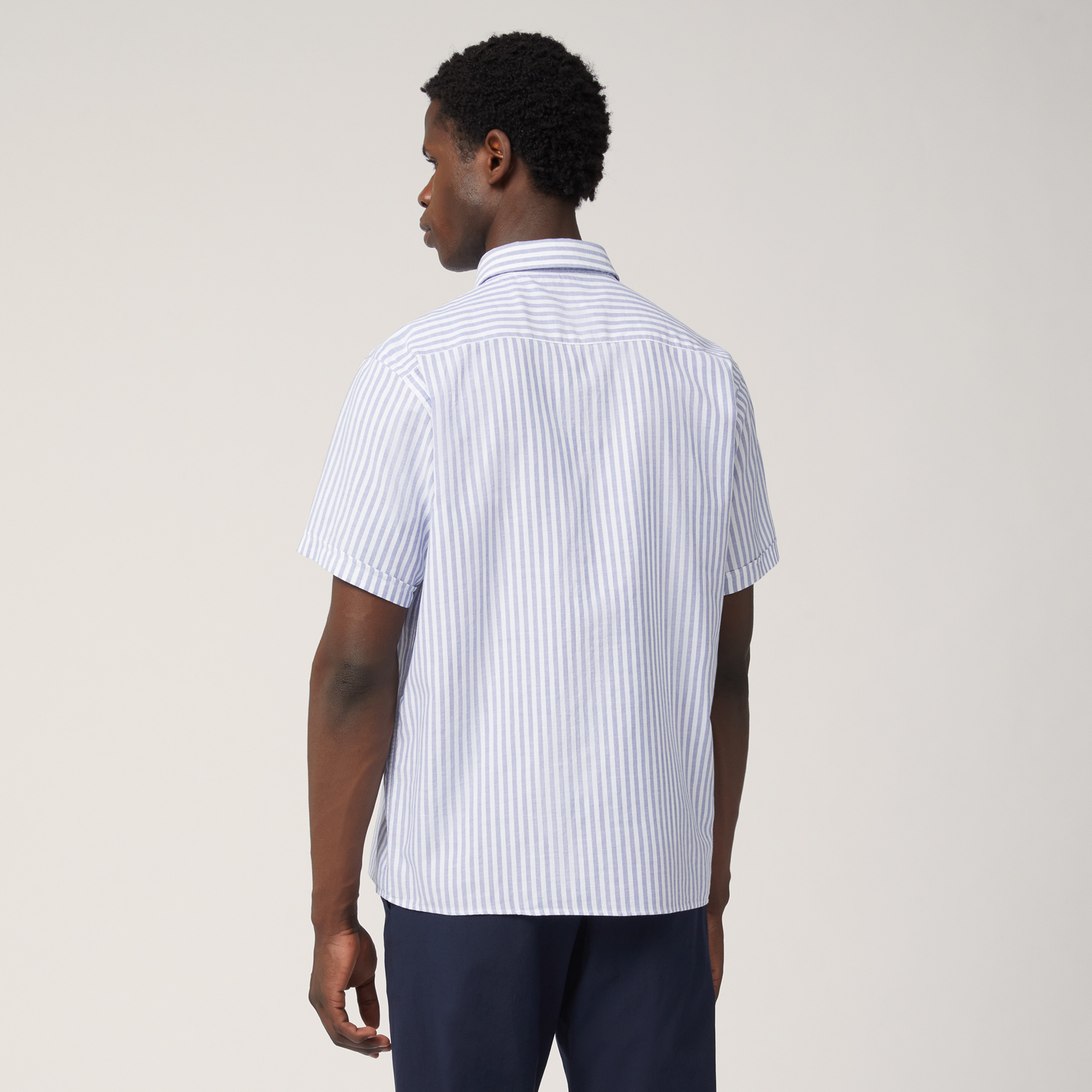 Striped Woven Cotton Short-Sleeved Shirt, Blue, large image number 1