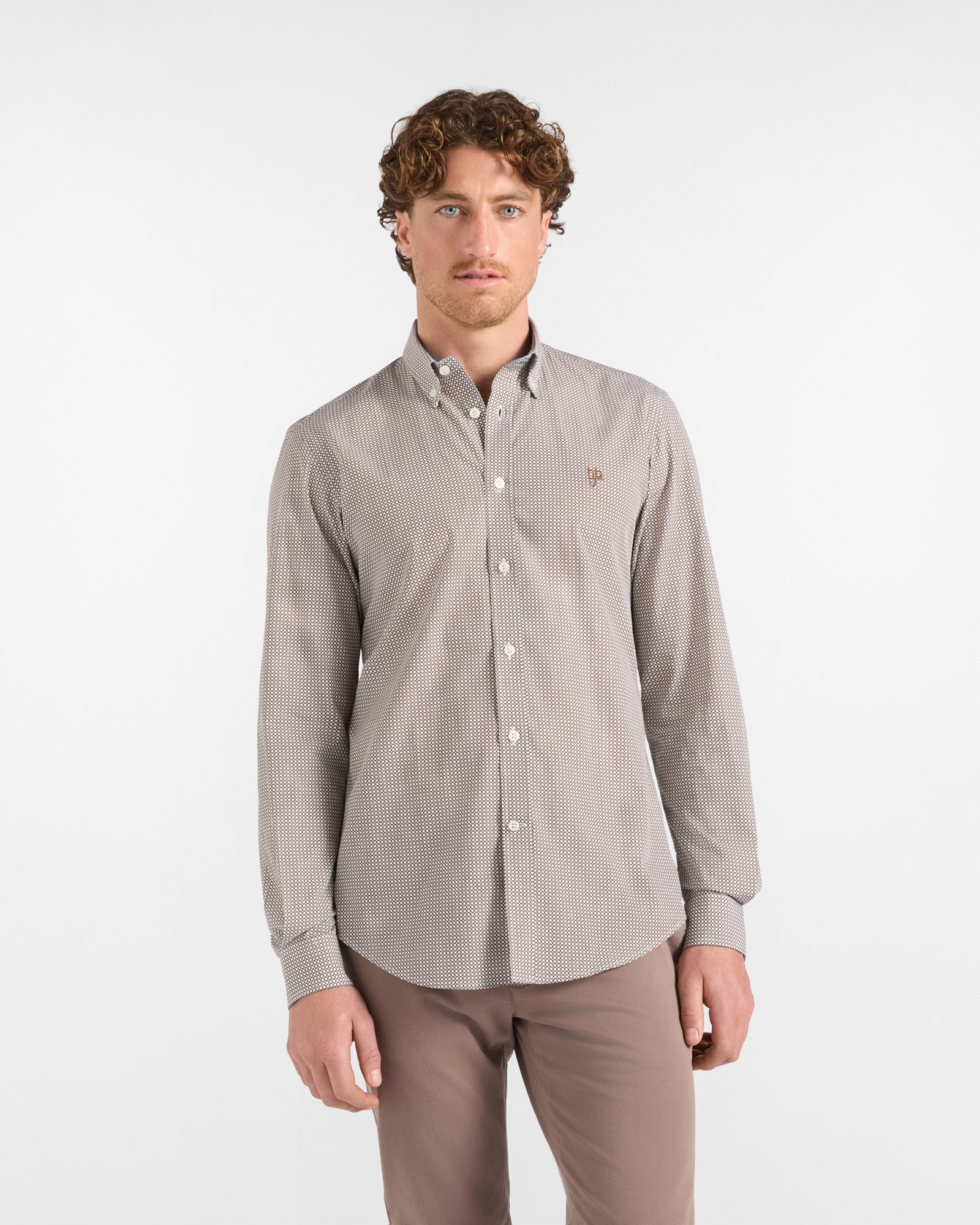 Camicia HBJ Uomo Narrow Fit in puro cotone con microstampa bianca e beige e collo Montecarlo