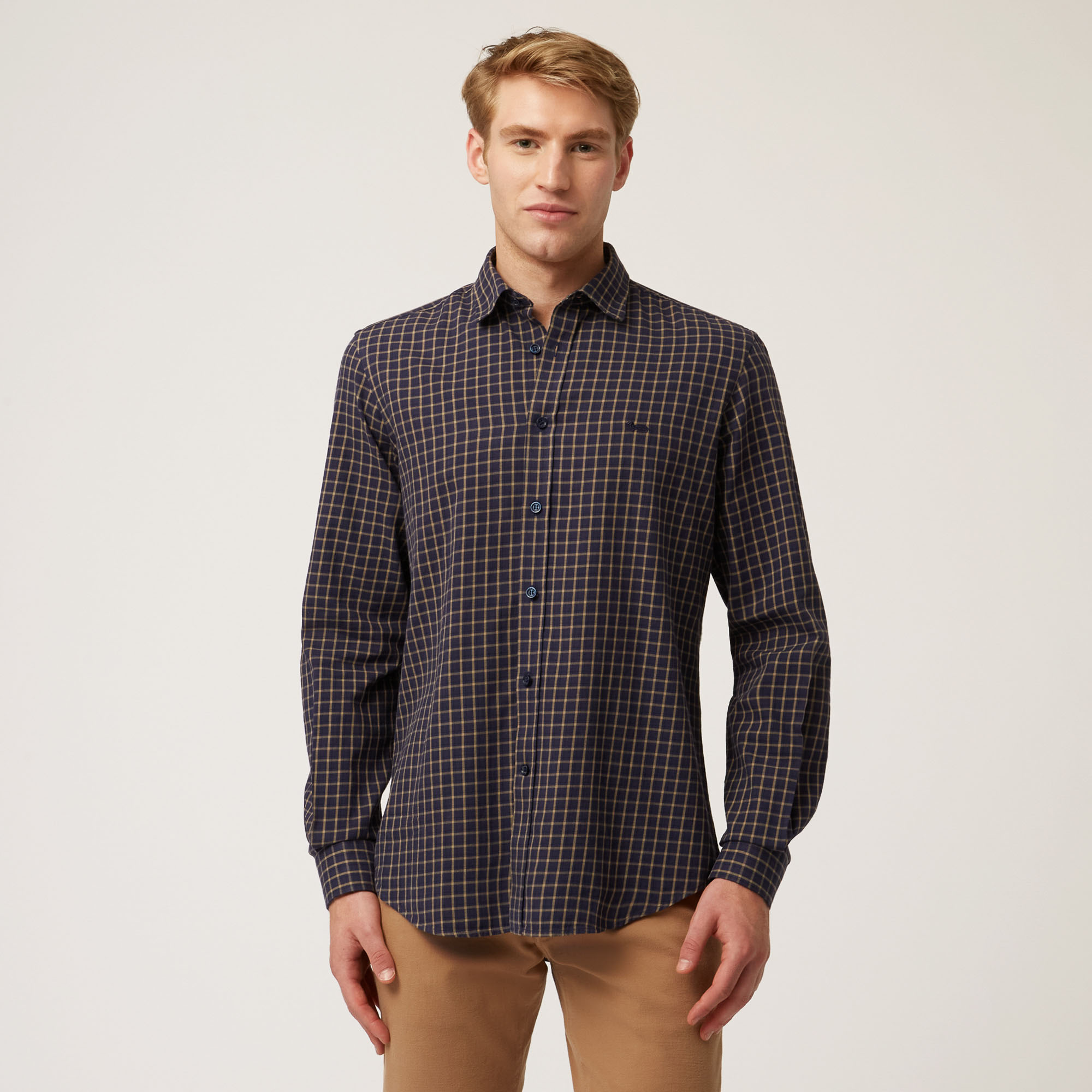 Camisa De Algod&oacute;n A Cuadros Peque&ntilde;os, Azul, large image number 0