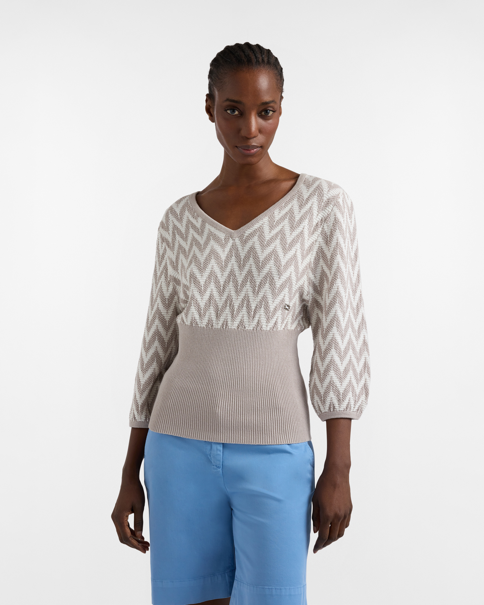 Maglia scollo a V con maniche ampie, Donna, Grigio, Taglia: XXS