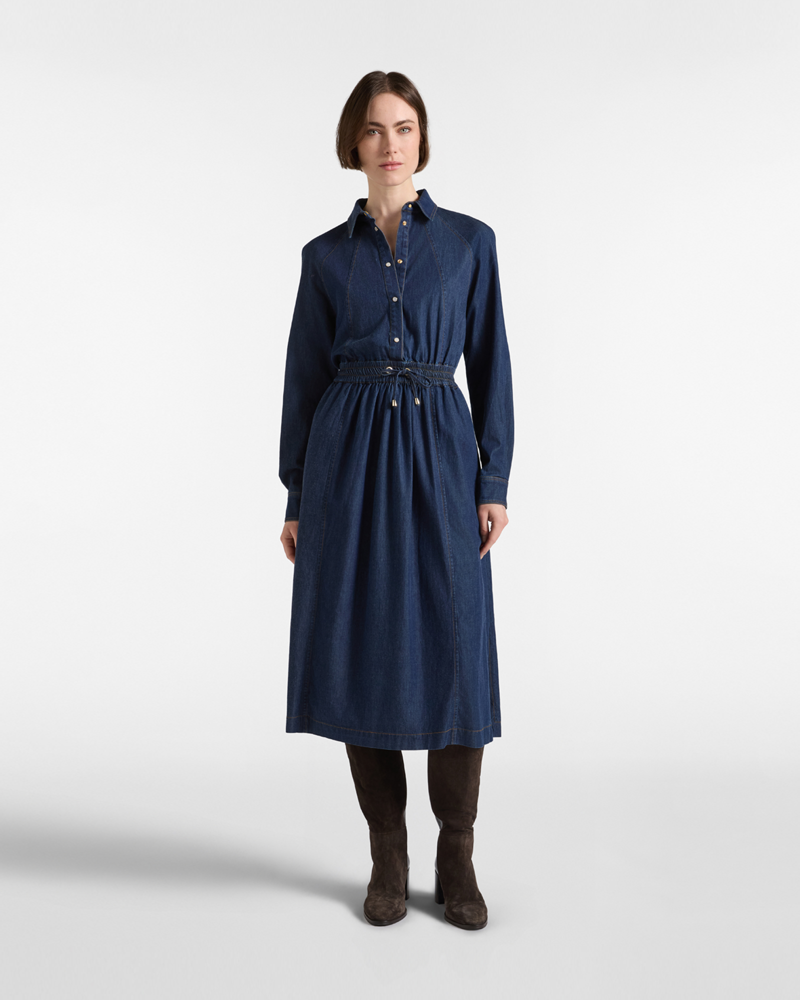 Women's Denim Blue Midi Shirt Dress with Elasticated Waist